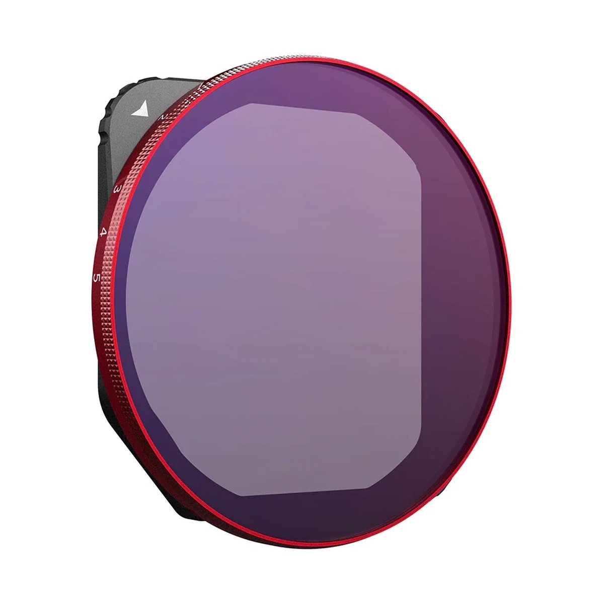 PGYTECH Mavic 3 VND Filter (2 to 5-Stop) - Detailansicht des runden Kamerafilters mit violetter Oberfläche, rotem Rand und seitlichen Markierungen.