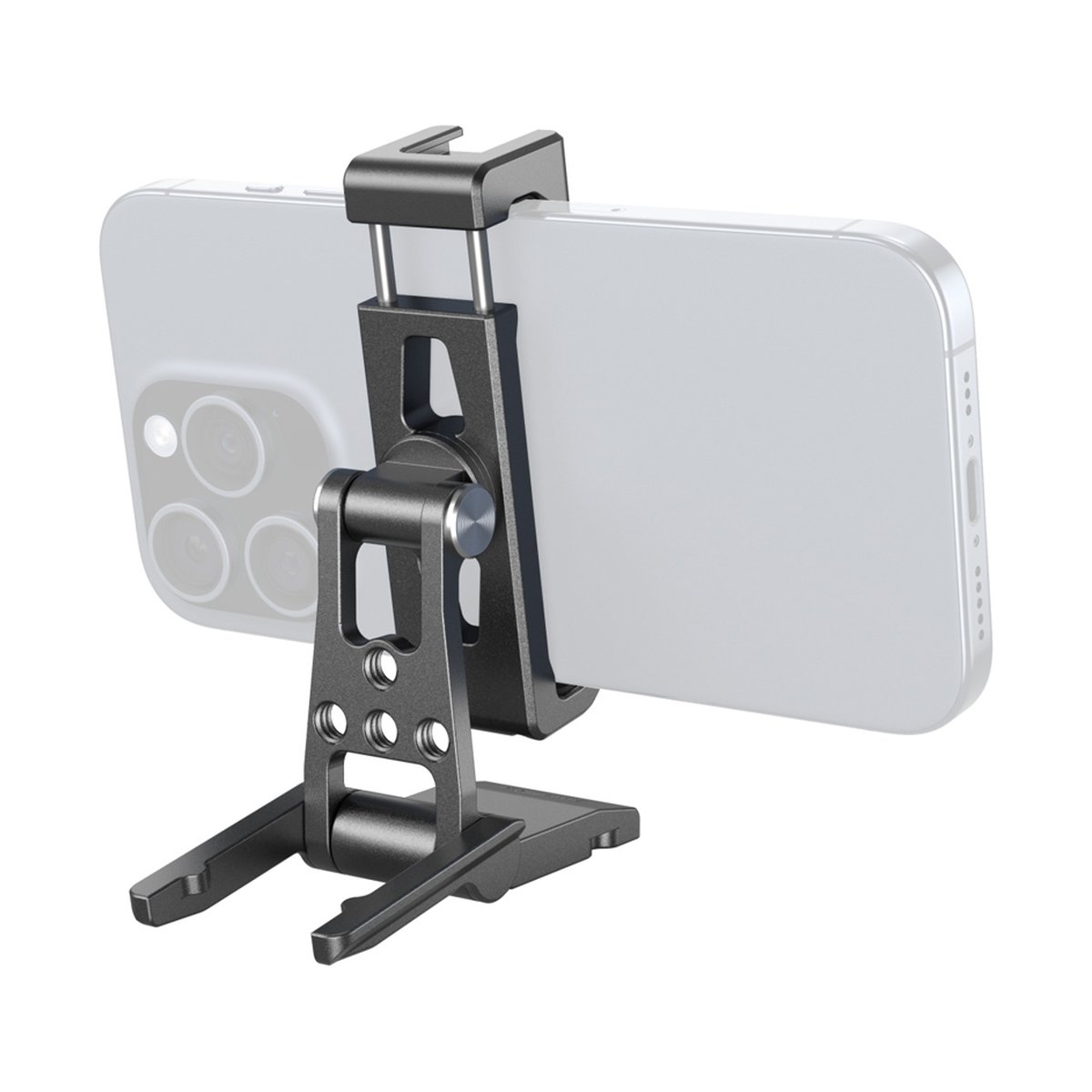 SmallRig 4611 Metal Phone Holder mit Arca Swiss Support - Anwendungsbeispiel: Handy-Ständer hält Smartphone im Querformat