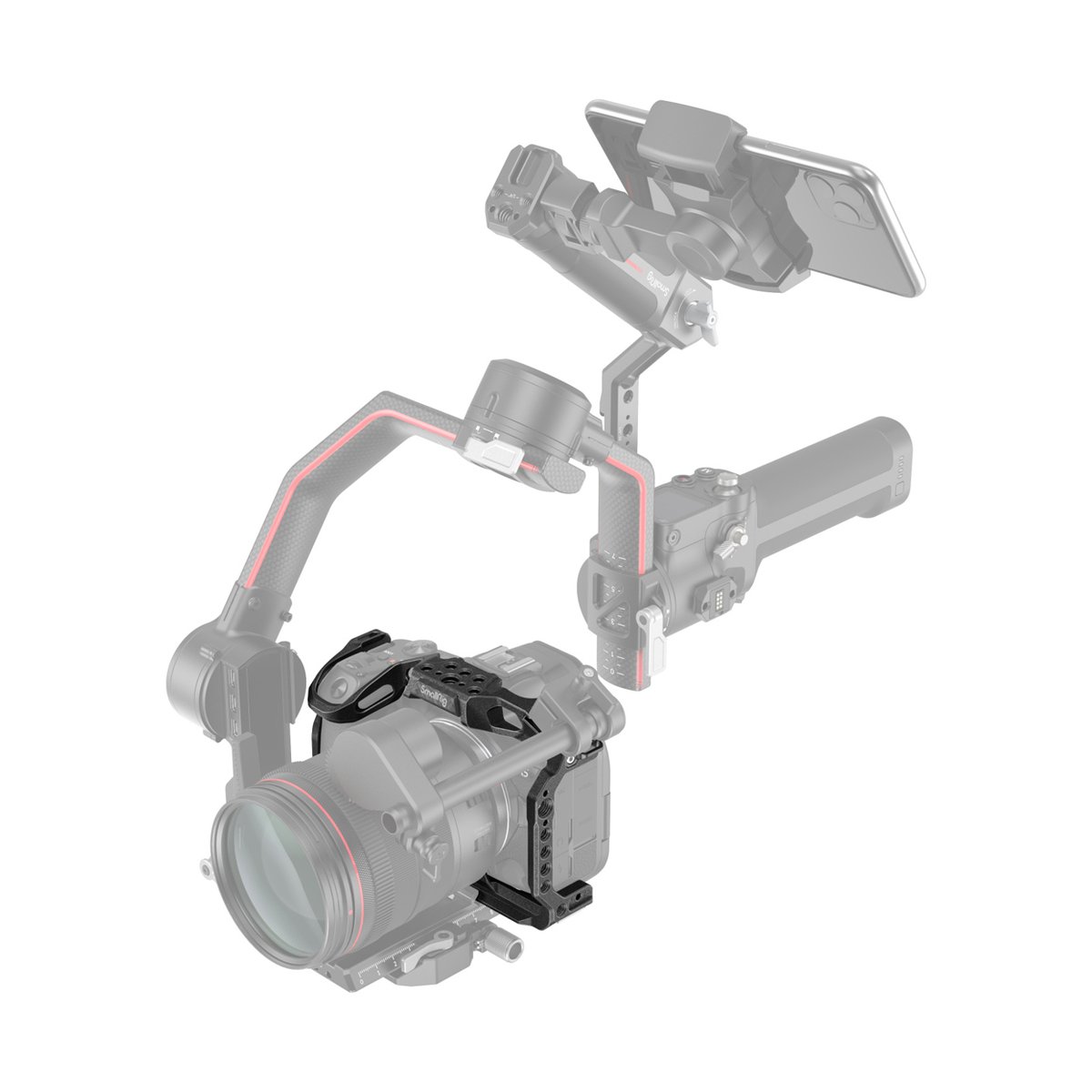 SmallRig 3233B Black Mamba Cage für Canon EOS R5/R6 - Anwendungsbeispiel SmallRig Kamera-Cage mit Top-Handle an Kamera und Gimbal