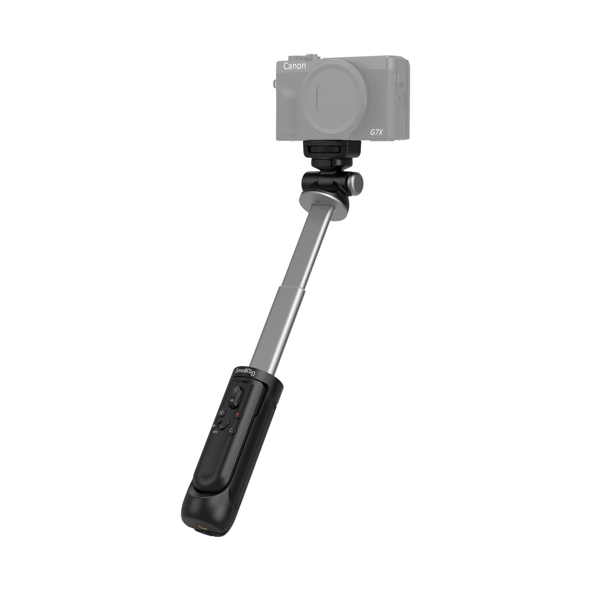 SmallRig 3326 SR-RG1 Aufnahmegriff mit kabelloser Fernbedienung - Anwendungsbeispiel: SmallRig Selfie-Stick/Stativ mit angebrachter Kamera, ausgezogen.