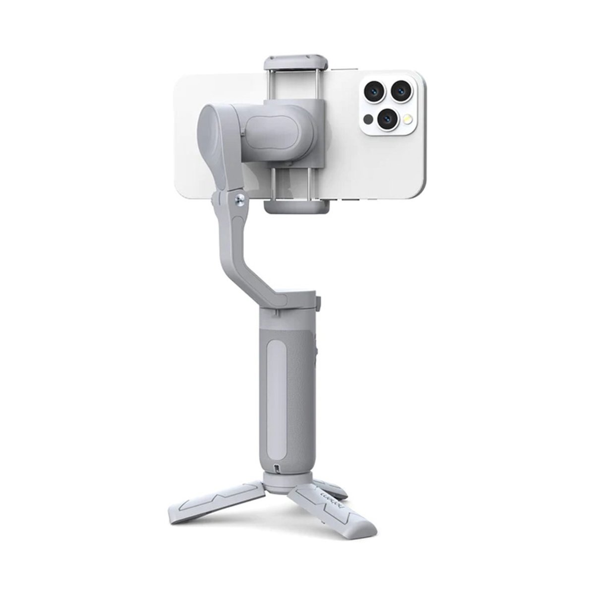 Hohem iSteady XE Black - Telefon-Gimbal mit Smartphone auf integriertem Stativ, Frontansicht.