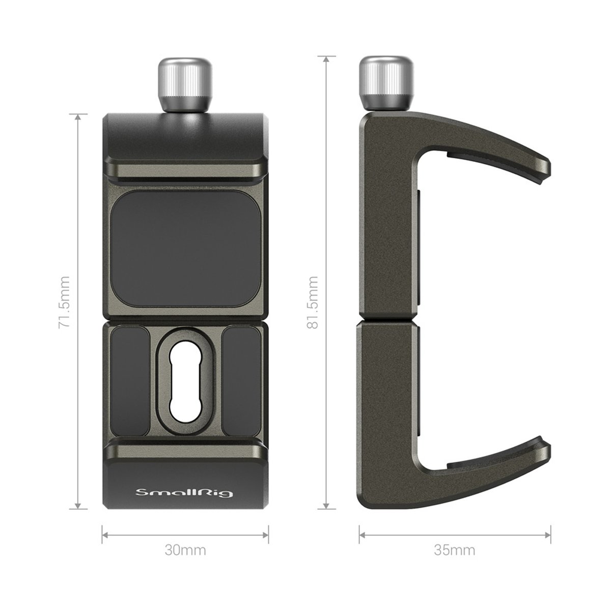 SmallRig 2790 Halterung für tragbare Powerbanks 53 mm bis 81 mm - SmallRig Produkt in Front- und Seitenansicht mit Maßen
