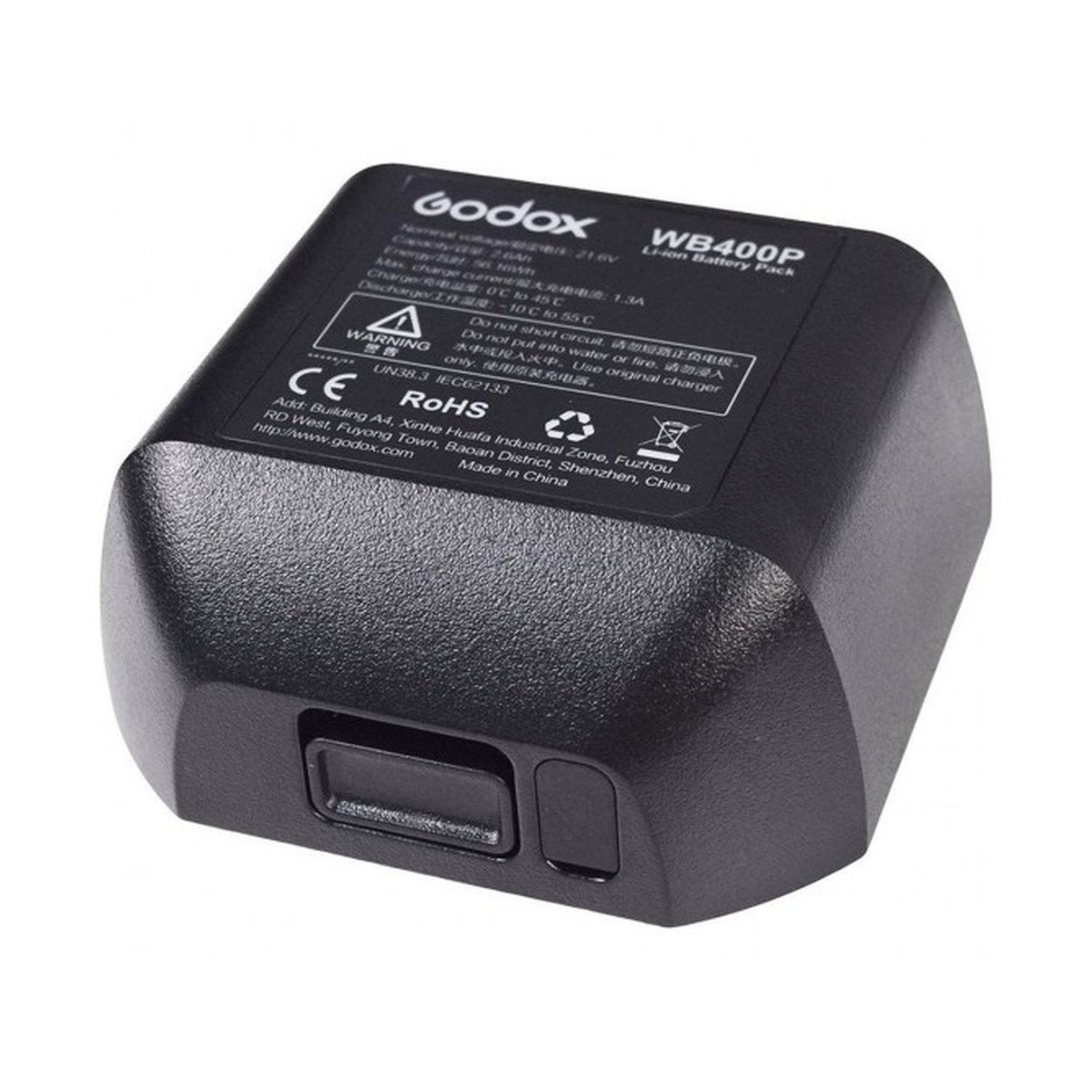 Godox Lithium Akku für AD400 PRO - Produktdetailansicht Godox WB400P Li-ion Batterie mit Label und Anschlüssen