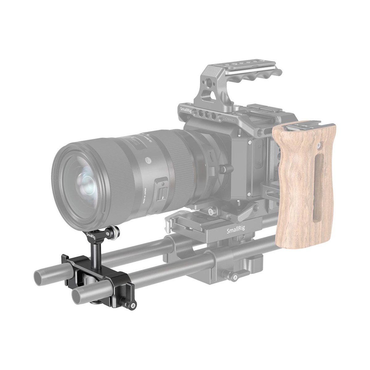 SmallRig 2727 Universal 15 mm LWS Objektivhalterung - Anwendungsbeispiel: 15mm Rod Clamp mit Objektivstütze