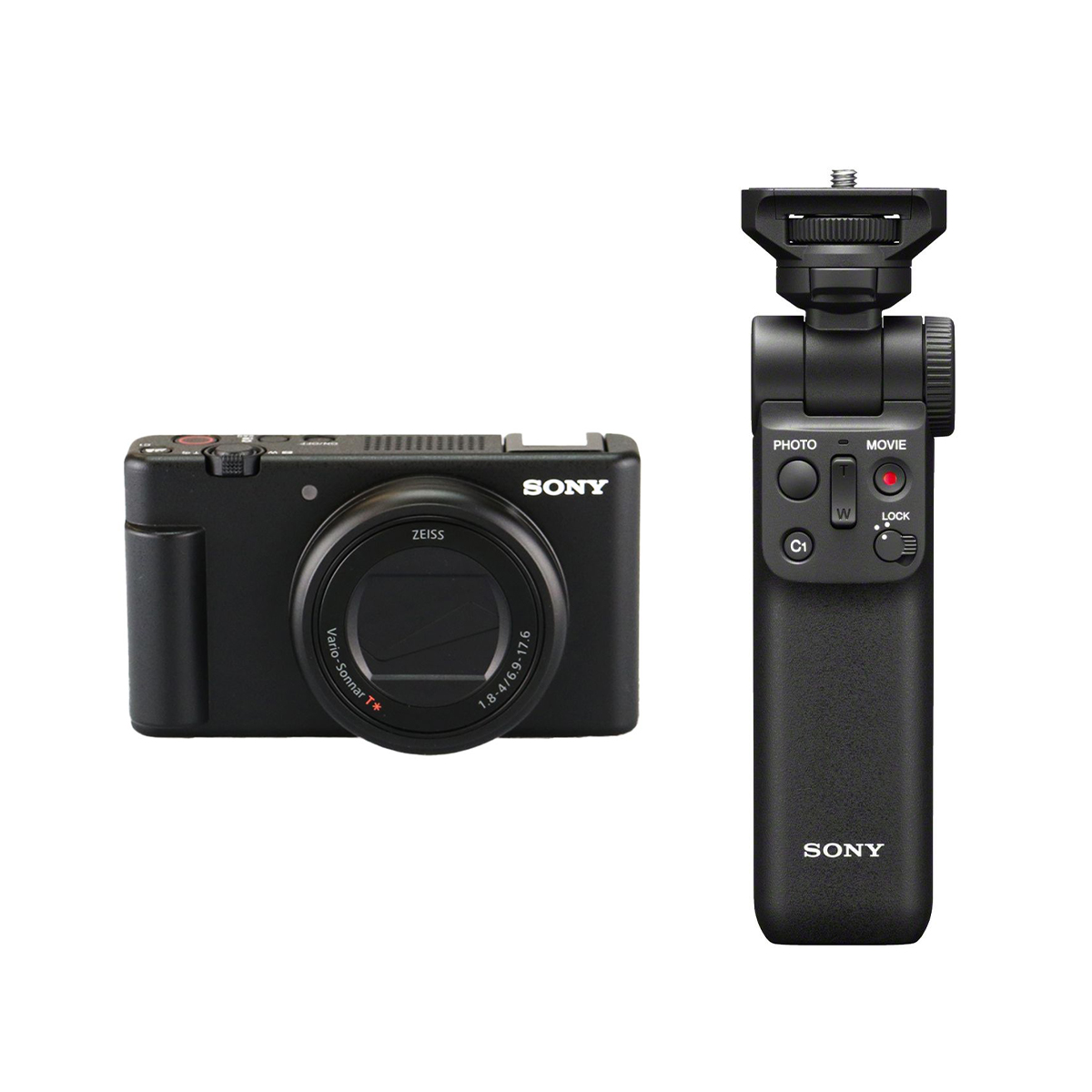Sony ZV-1 II Vlog Kamera mit Sony GP-VPT2BT Handgriff von vorne Fotografiert