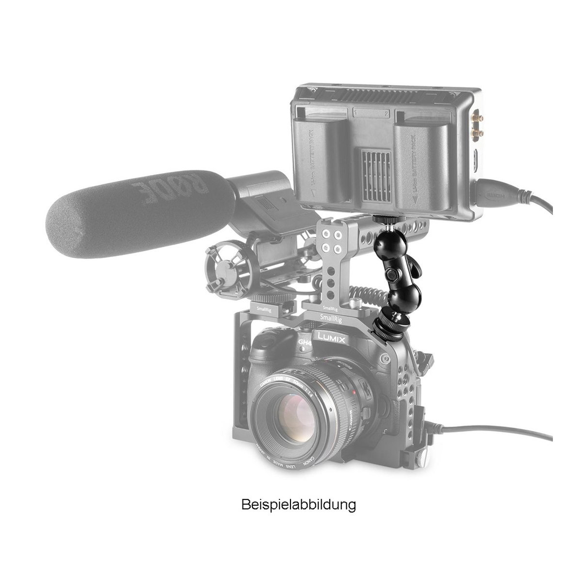 SmallRig 1135 Dual Kugelkopf mit Blitzschuh und Daumenschraube - Anwendungsbeispiel: Magic Arm befestigt Monitor an Kamera-Rig