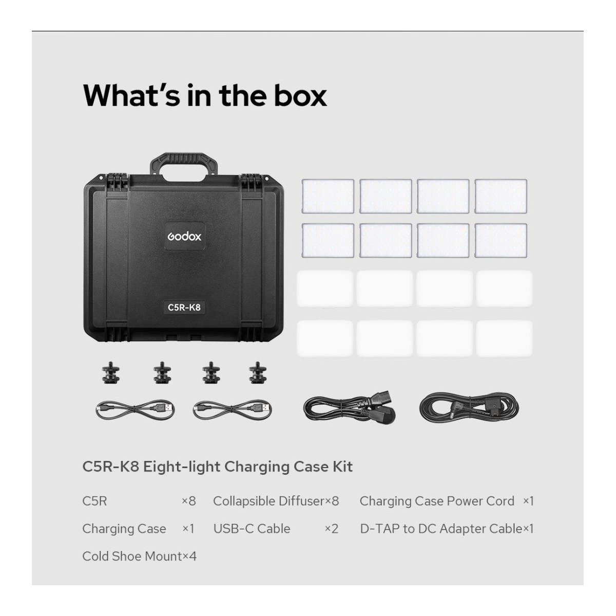 Godox C5R-K8 Mobile RGB LED 8 Light Kit with Charging Case - Lieferumfang des Godox C5R-K8 Eight-light Charging Case Kits