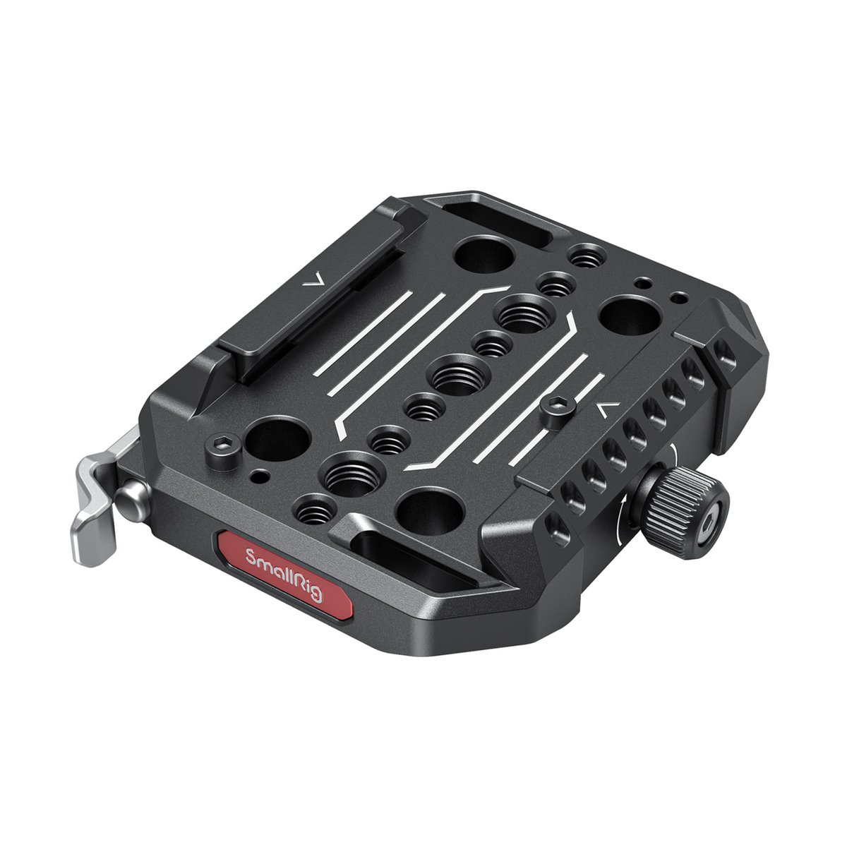 SmallRig 2887B Drop-In Basisplatte, Manfrotto, kompatibel zu 501PL QR-Platte - Schräge Ansicht der SmallRig Kamera-Montageplatte mit zahlreichen Gewindebohrungen und Feststellschraube.