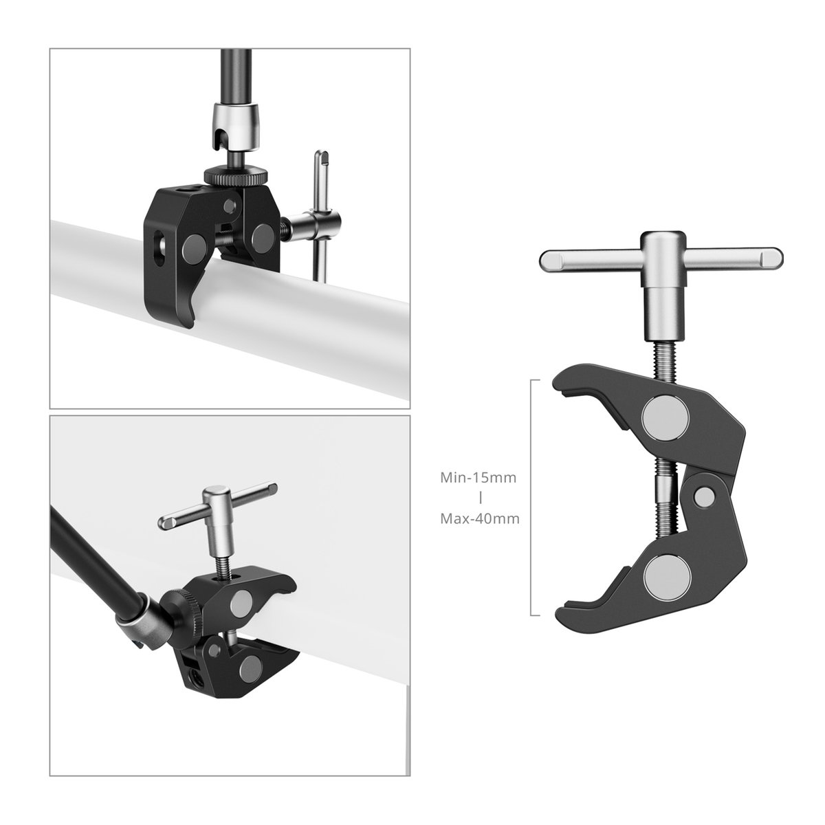 SmallRig 5326 Crab-Shaped Clamp for Phones (9,8") - Detailansicht der Klemmhalterung mit 15-40mm Klemmbereich und Anwendungsbeispielen.