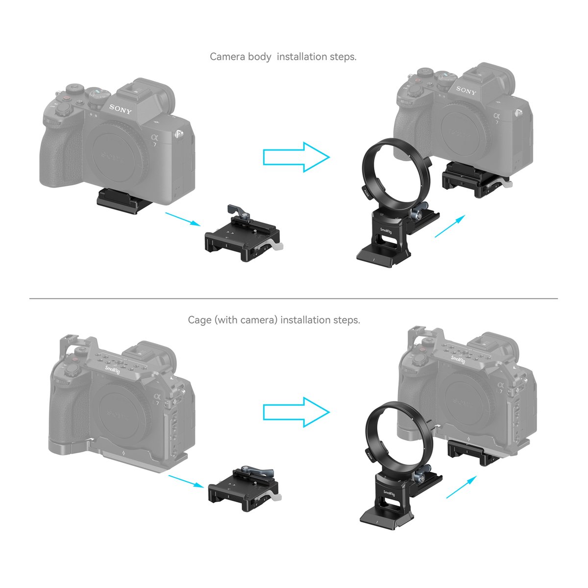 SmallRig 4244 Drehbares Horizontal- Vertikal-Montageplatten-Kit für Sony - Anleitung zur Montage von Basisplatte und Follow Focus an Kamera und Kamera-Cage.