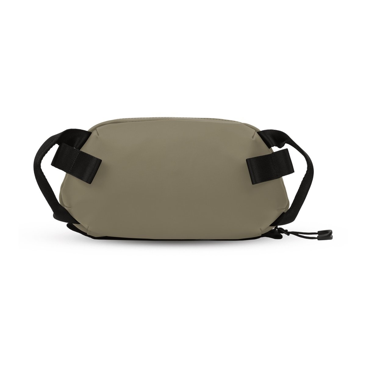 WANDRD Tech Bag Medium Yuma Tan - Rückansicht einer olivgrünen Bauchtasche mit schwarzen Gurten.