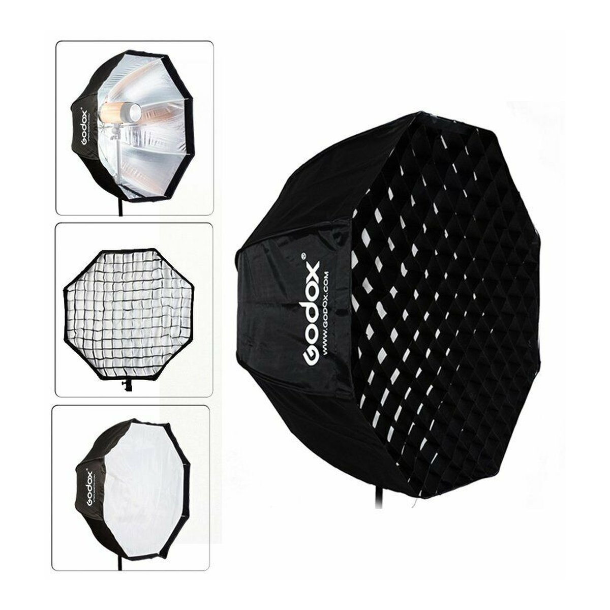 Godox Softbox with Umbrella Connection 95cm + Grid - LIEFERUMFANG: Godox Octagon Softbox Set mit Wabengitter, Reflektor und Diffusoren.