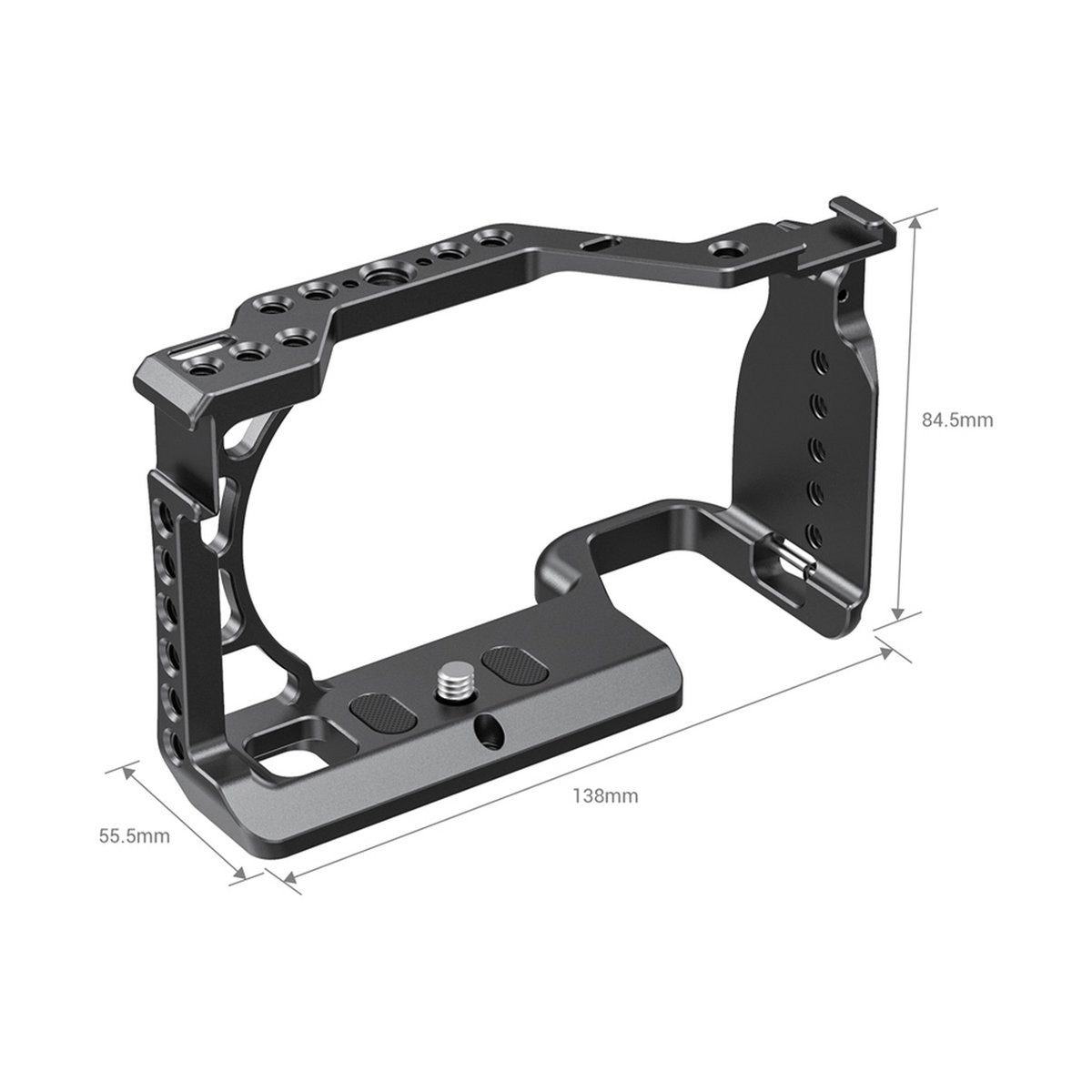 SmallRig 2493 Cage für Sony A6600 - Isometrische Ansicht eines Kamerakäfigs mit Maßangaben (138mm x 84.5mm x 55.5mm)