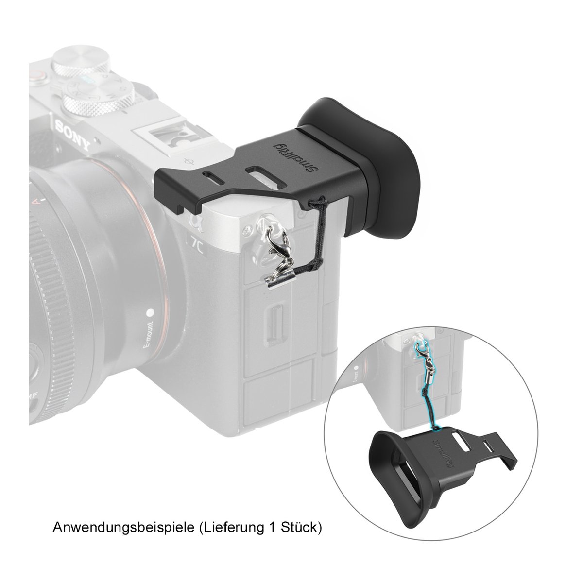 SmallRig 4819 Camera Viewfinder Eyecup für Sony Alpha 7C II/Alpha 7CR - Anwendungsbeispiel: Schwarze Augenmuschel mit Sicherungsseil an Kamera montiert. Inset zeigt Produkt lose.