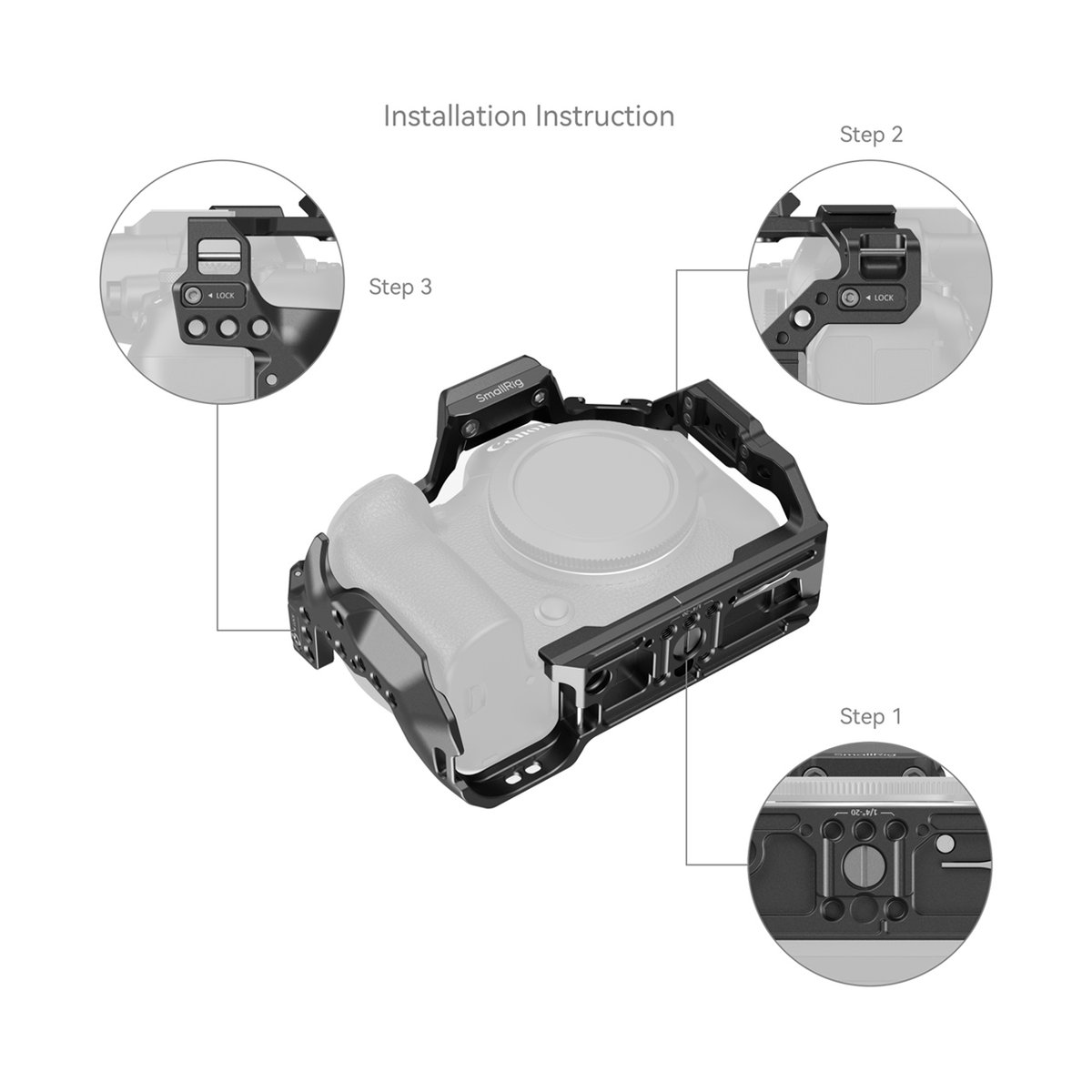 SmallRig 4159B HawkLock QR Cage für Canon EOS R6 II - Montageanleitung des Kamerakäfigs an der Kamera in drei illustrierten Schritten.
