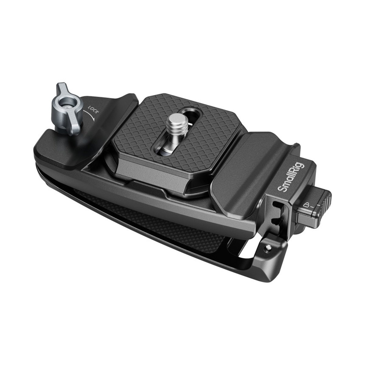 SmallRig 5053 Camera Clip mit QR Mount Plate Kit - Perspektivansicht der SmallRig Schnellwechselplatte mit 'LOCK' Hebel