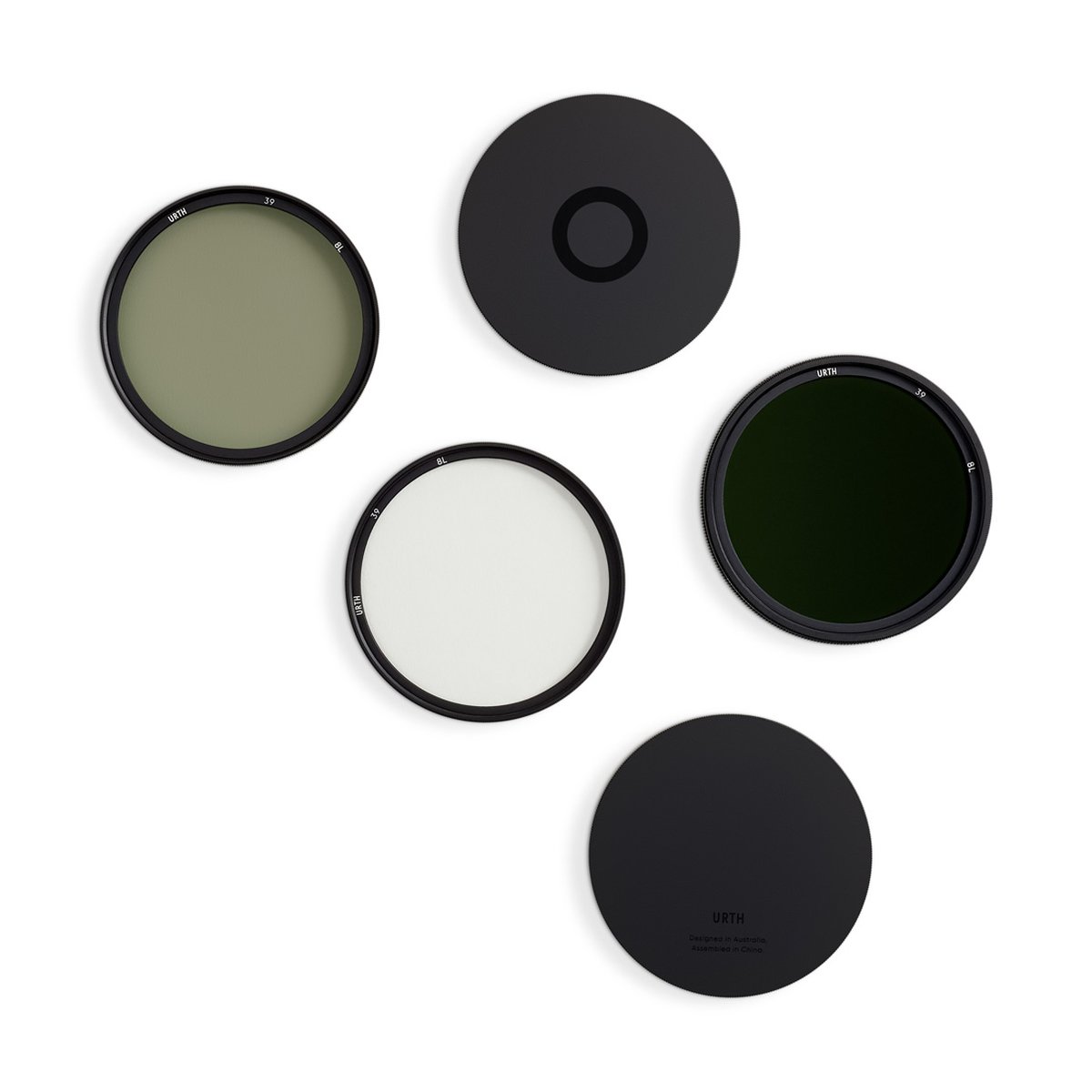 Urth 39mm UV, Circular Polarizing (CPL), ND2-400 Objektivfilter-Kit - Urth Filterset-Lieferumfang: Drei runde Kamerafilter (grün, dunkelgrün, klar) und zwei schwarze runde Schutzdeckel