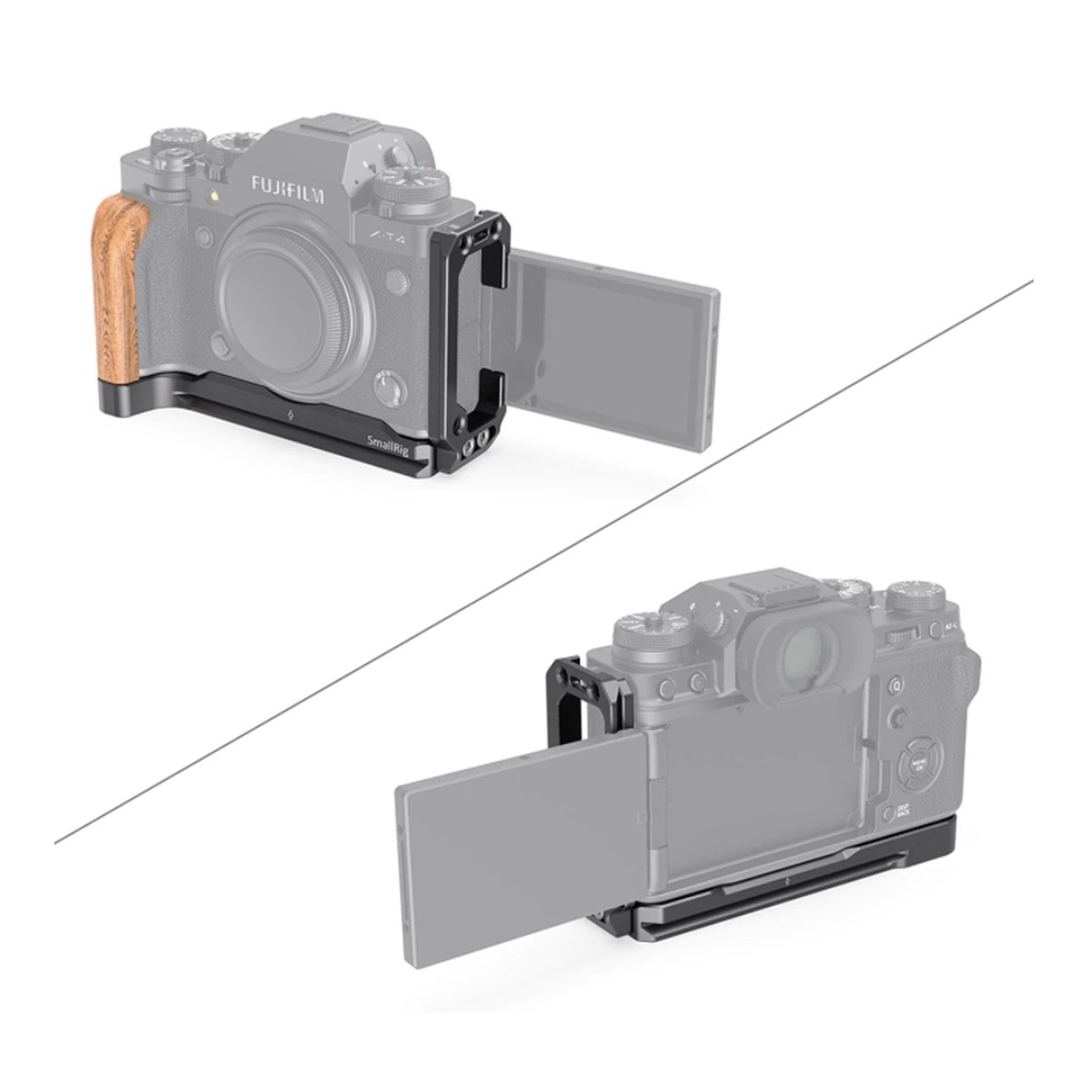 SmallRig LCF2811 L-Bracket für Fujifilm X-T4 - Kameracage mit Holzgriff: Anwendungsbeispiel an Kamera, vorn und hinten mit ausgeklapptem Display.
