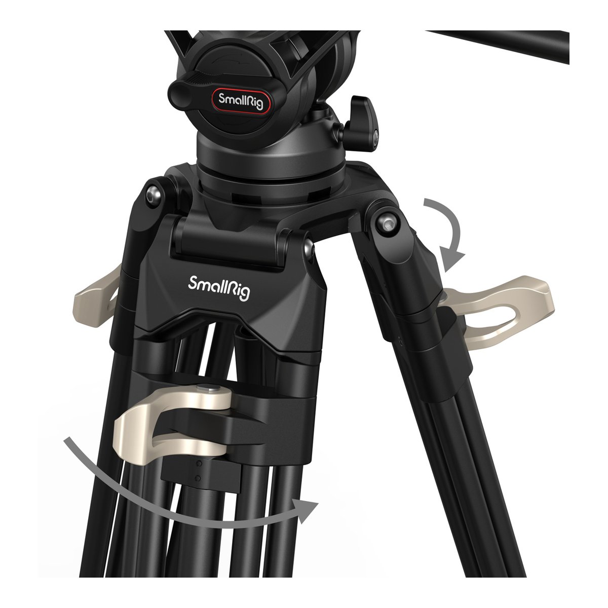 SmallRig 3751B Heavy-Duty Fluidkopf Stativ AD-01 - Detailansicht der Stativ-Einstellmechanismen: Hebel und Pfeile an Beinen und Kopf