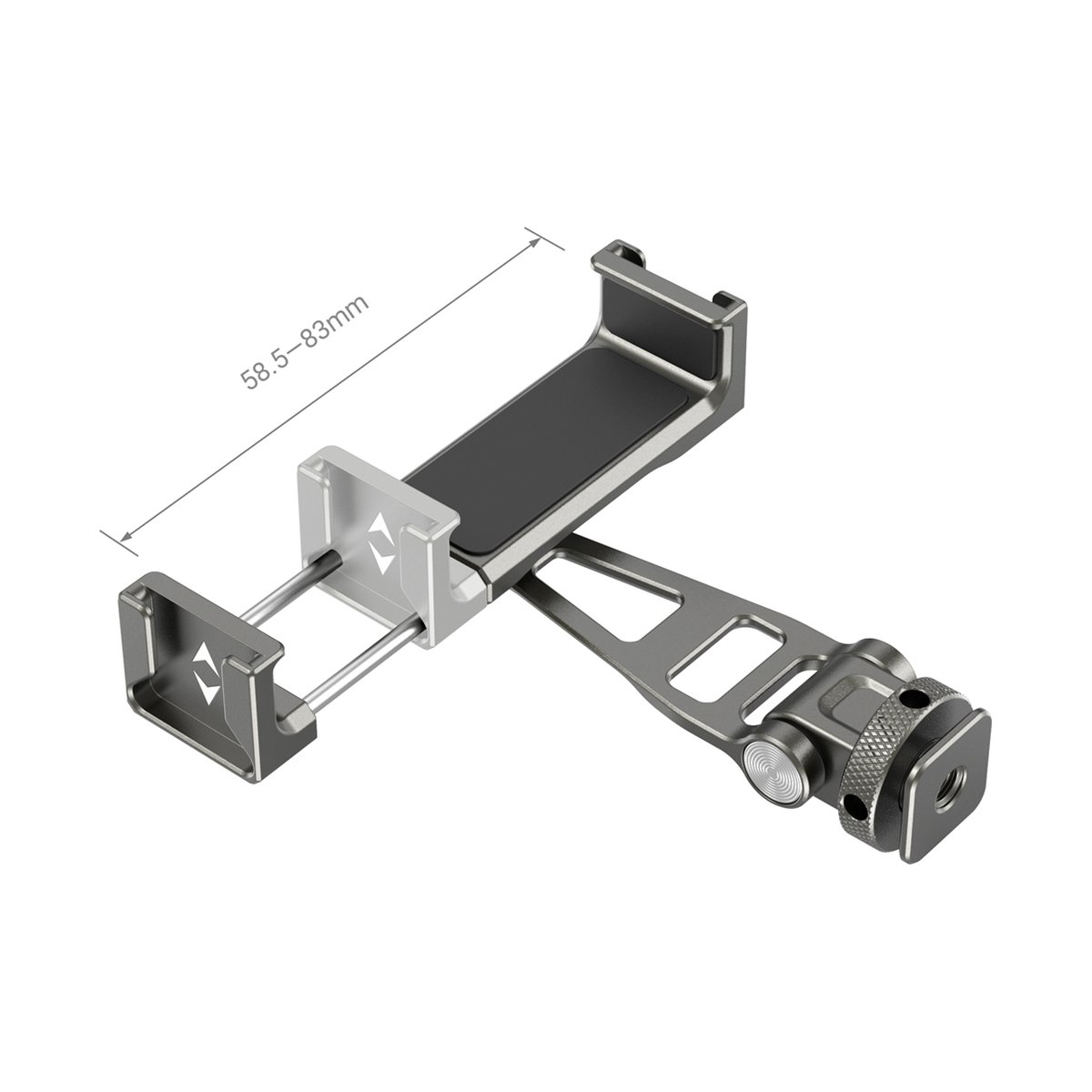 SmallRig 3559 Smartphone-Halterung multifunktional - Smartphone-Halterung mit ausziehbarer Klemme (58,5-83mm) und Montagearm, schräge Ansicht mit Maßen.