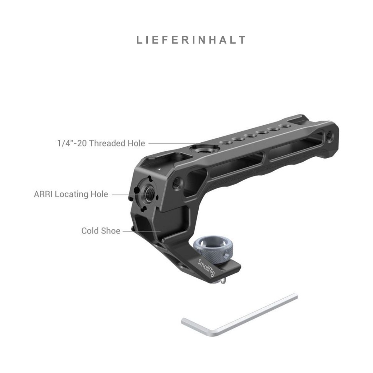SmallRig 3765 ARRI-Fixiergriff oben Lite - Lieferumfang: Detailansicht Kamera-Griff mit markierten 1/4-20 Gewinde-, ARRI- und Cold Shoe Anschlüssen.