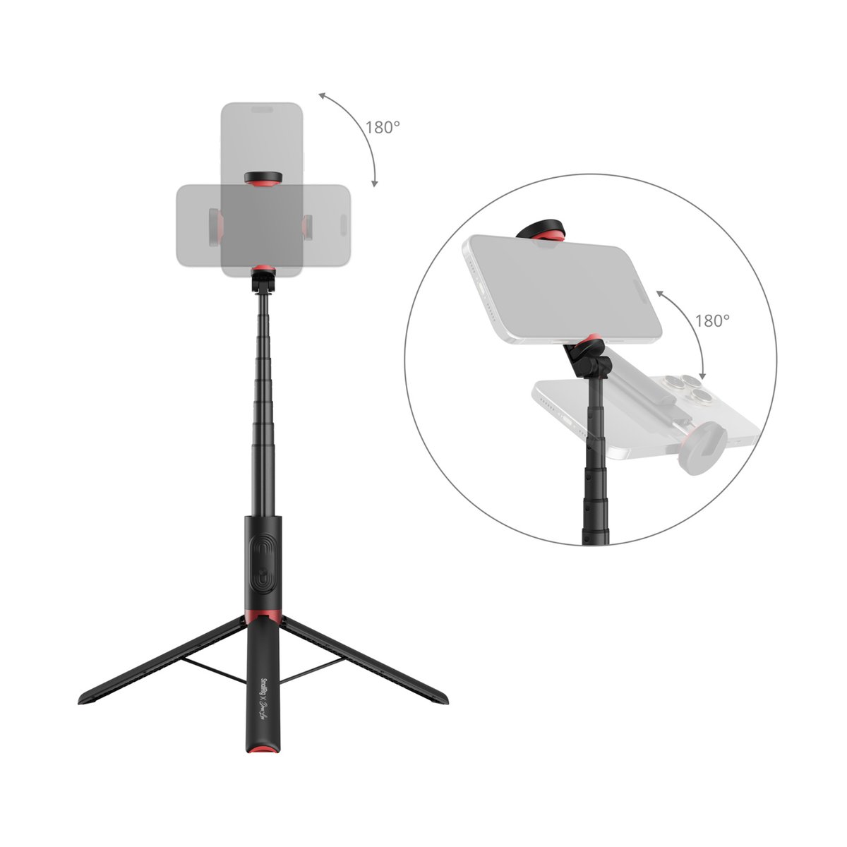 SmallRig 5292 x Drex Lee Boom Selfie Stick ST30 Lite, schwarz - Detailansicht der 180° drehbaren und neigbaren Smartphone-Halterung des Stativs