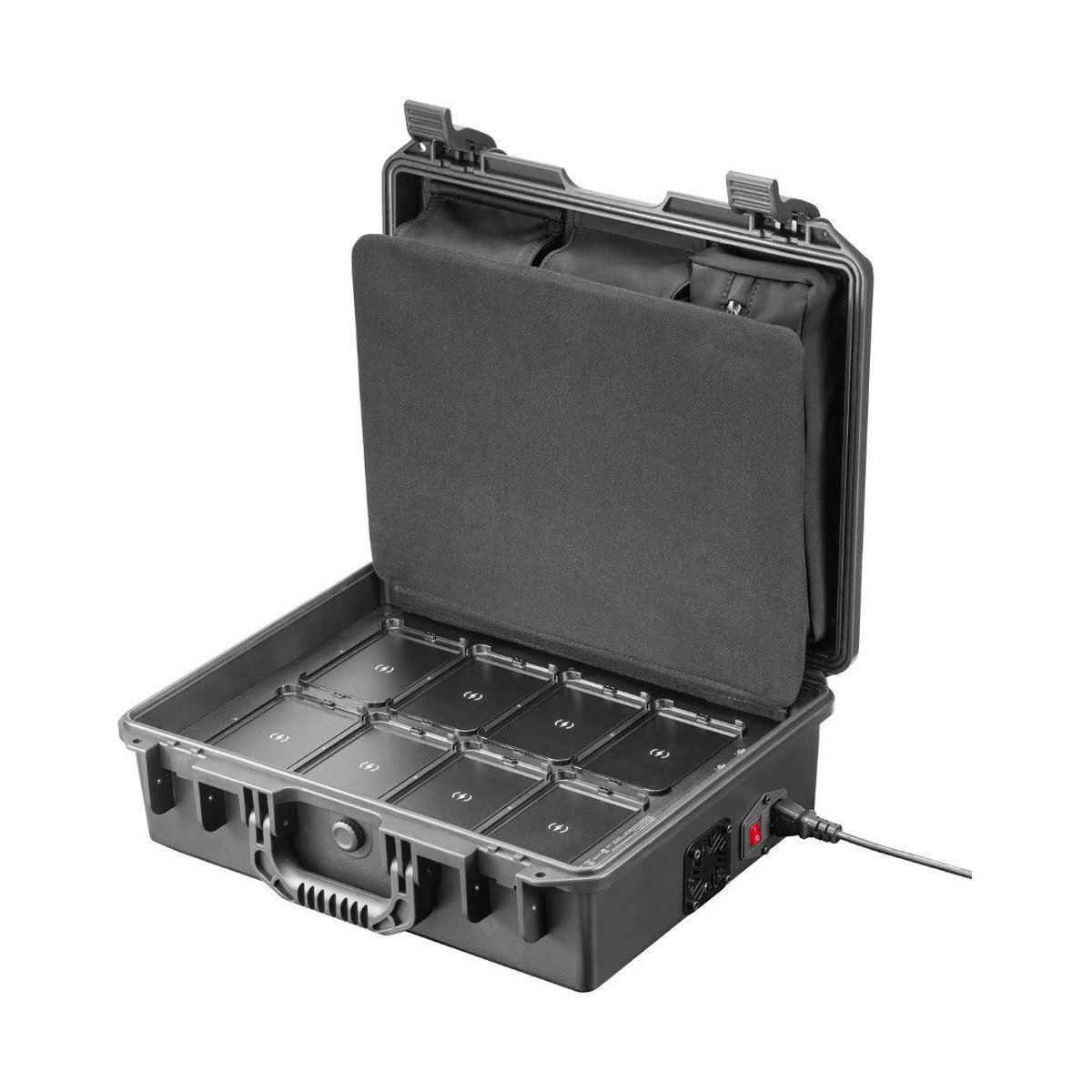 Godox C5R-K8 Mobile RGB LED 8 Light Kit with Charging Case - Innenansicht: Geöffneter Ladekoffer mit 8 Ladefächern und Anschluss für Netzkabel.