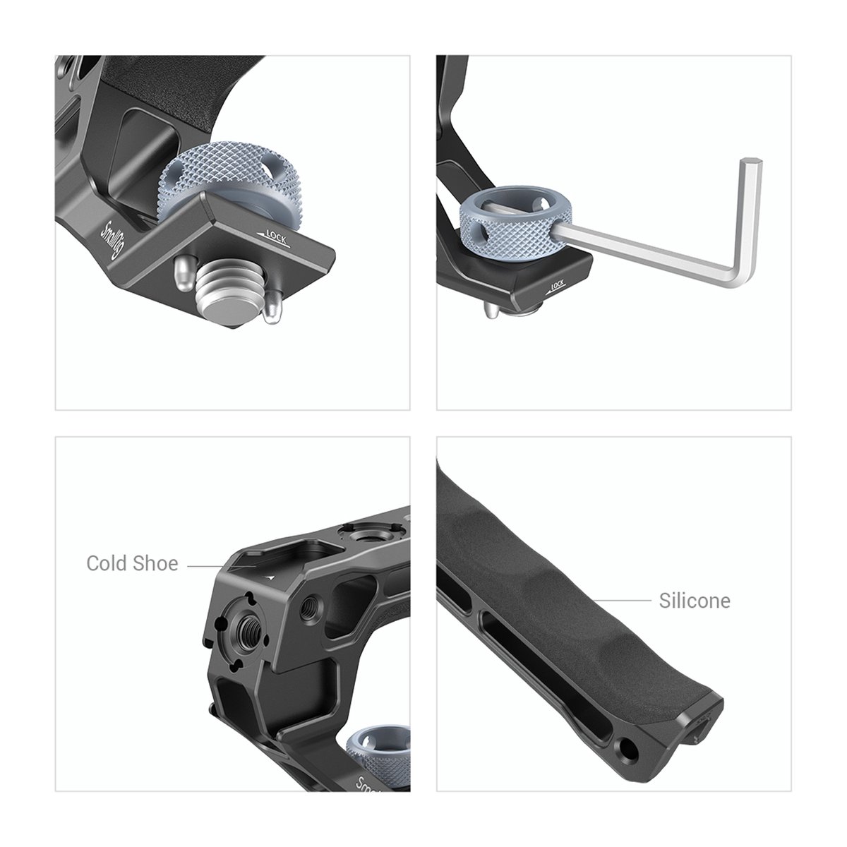 SmallRig 3765 ARRI-Fixiergriff oben Lite - Detailansichten des Handgriffs: Feststellschraube, Montage, Cold Shoe, Silikongriff