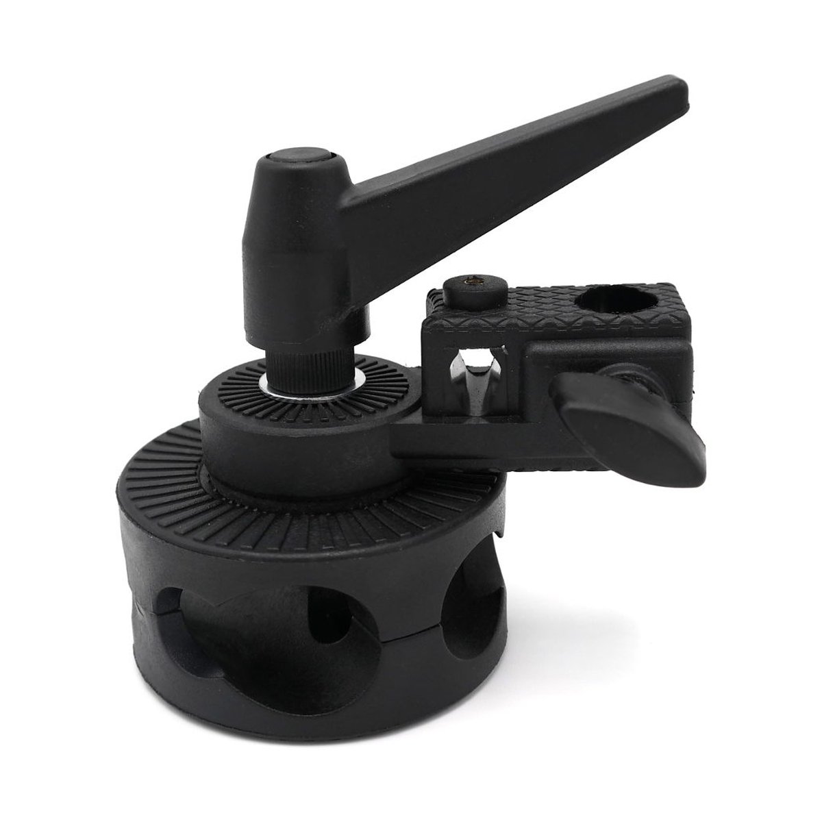 Caruba-Halterung für Reflektorarm (spigot > Arm) - PRODUKTANSICHT: Schwarze, verstellbare Montageklammer mit Klemmhebel und zwei Klemmbacken.