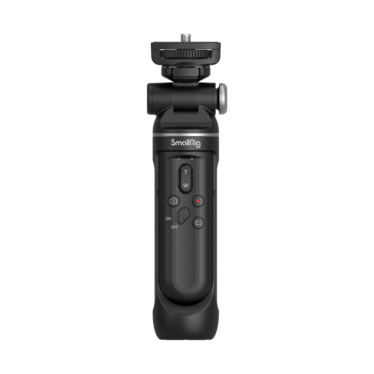 SmallRig 3326 SR-RG1 Aufnahmegriff mit kabelloser Fernbedienung - Frontansicht des schwarzen SmallRig Handgriffs/Mini-Stativs mit integrierten Bedienelementen (Zoom, Foto, Video, Power).
