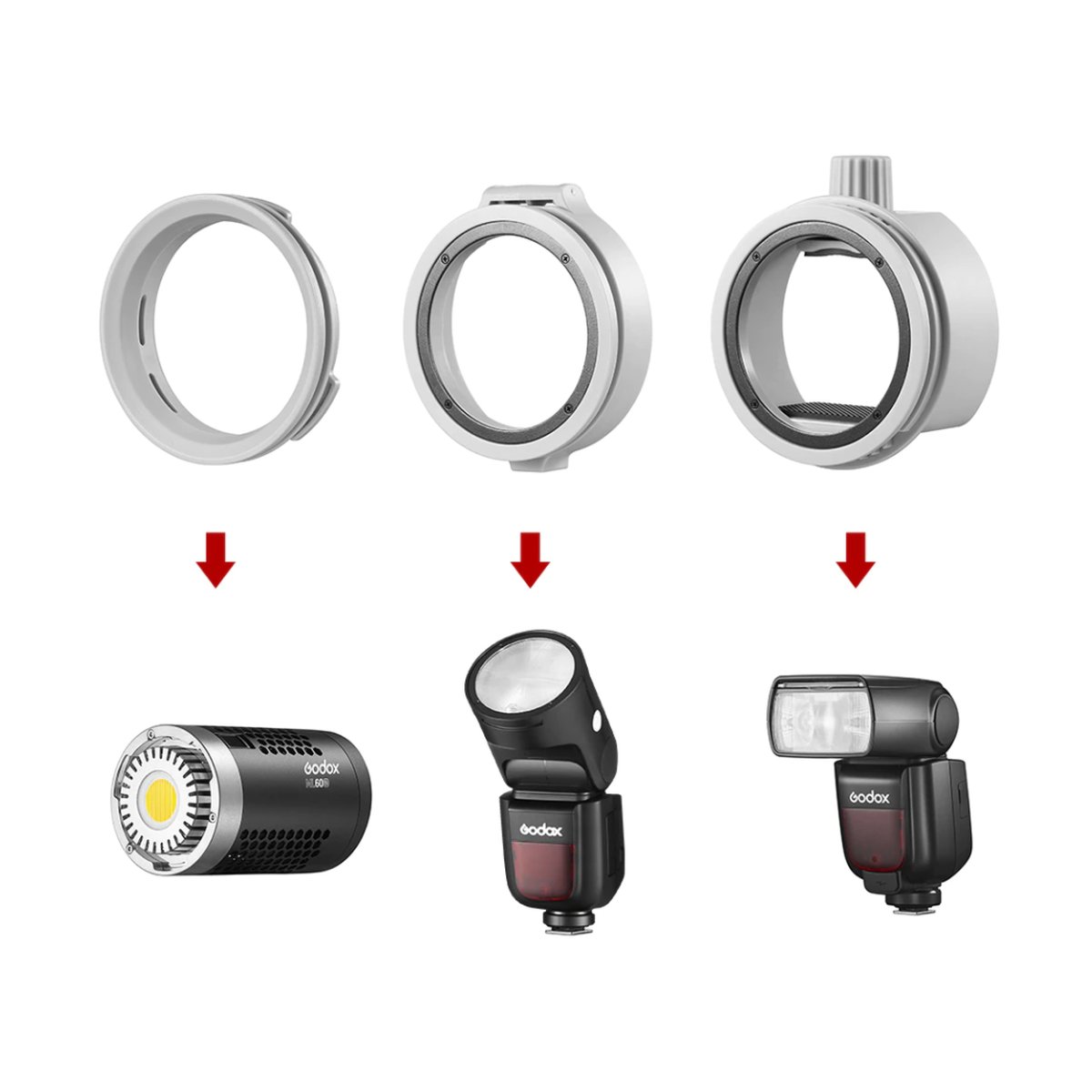 Godox Diffusionskuppel ML-CD15 - Kompatibilität: 3 Adapter mit Godox Blitz- und LED-Leuchten