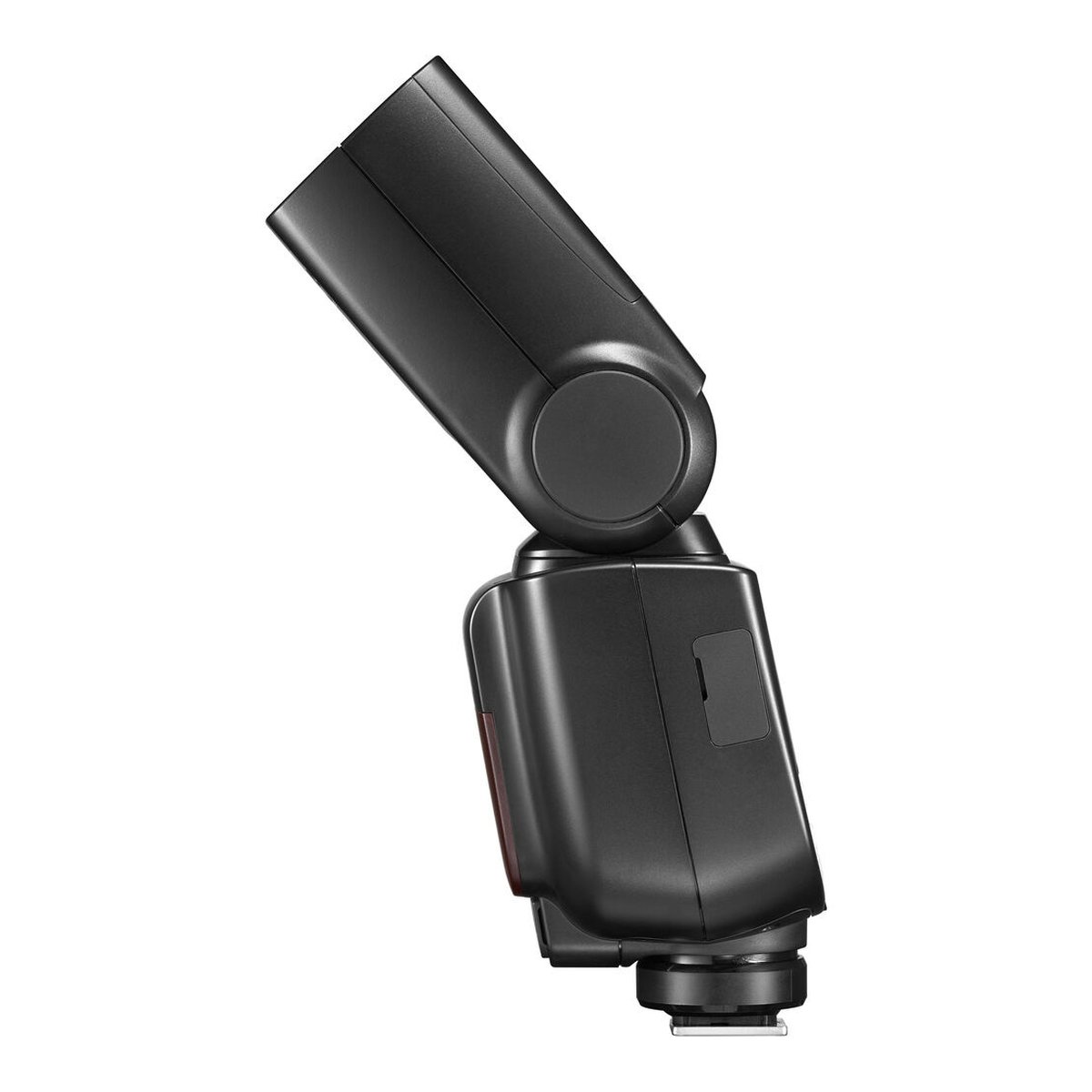 Godox Speedlite TT685 II Fuji - Seitliche Ansicht eines schwarzen Kamerablitzes mit angewinkeltem Kopf.
