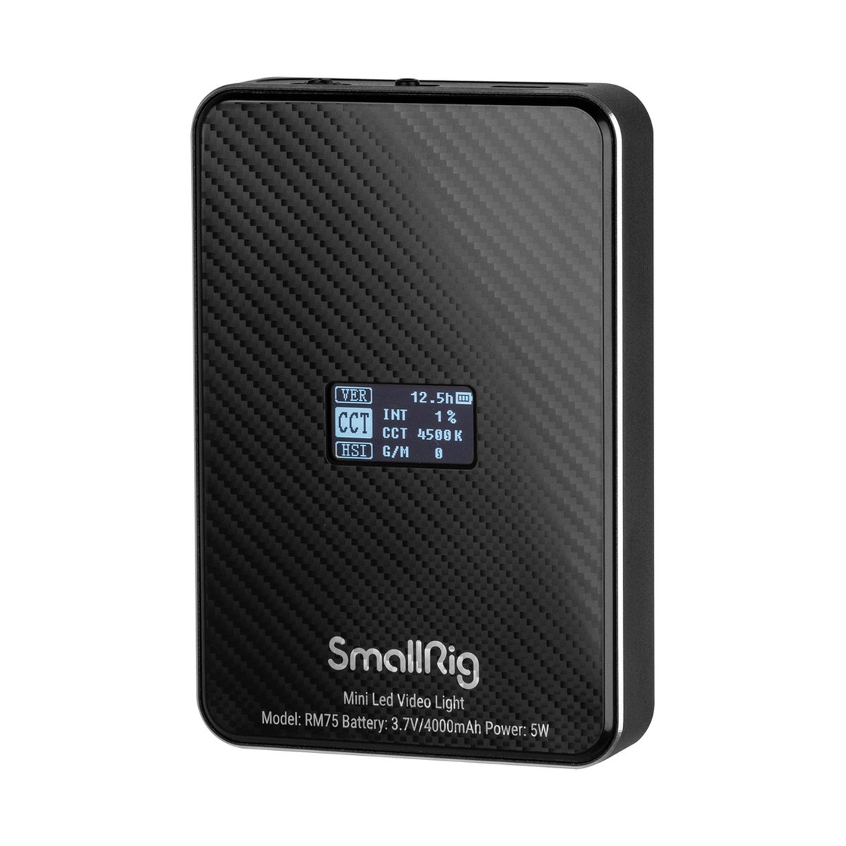 SmallRig 3290 RM75 RGBWW Videolicht - Detailansicht des SmallRig Mini LED Videolichts mit beleuchtetem Display und Produktinfos.