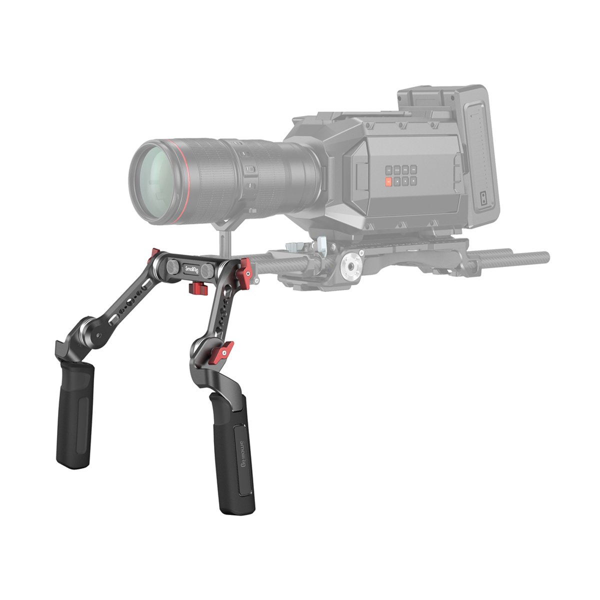 SmallRig 2002 Griffkit für Schulterrig 2 gummierte Griffe + 15mm-Rodaufnahme - Anwendungsbeispiel Kamerarig mit zwei Handgriffen an einer Kamera montiert