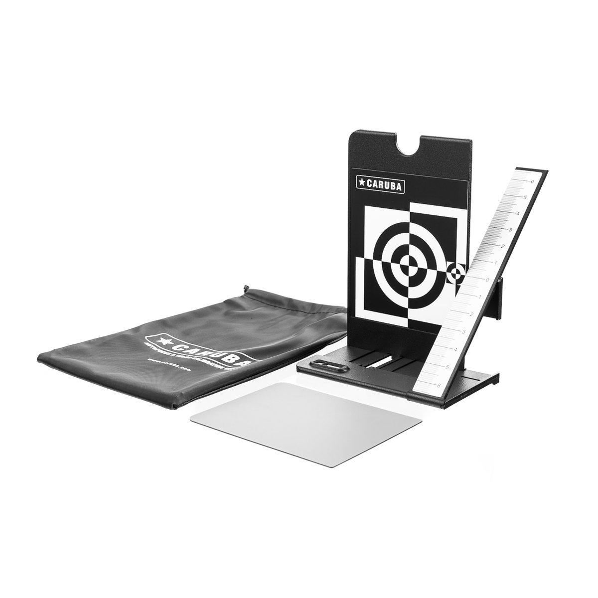 Caruba Autofokus- & Farbkalibrierungs-Set - Lieferumfang: Fokus-Kalibrierungstool mit Zielen, Lineal, Graukarte und Transportbeutel.