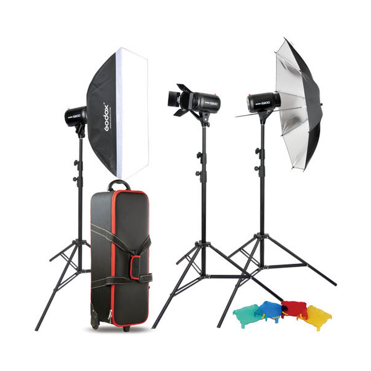 Godox Studio Set E250-D - Lieferumfang: Studioblitz-Set mit 2 Leuchten, Stativen, Softbox, Regenschirm, Tragetasche und Farbfiltern.