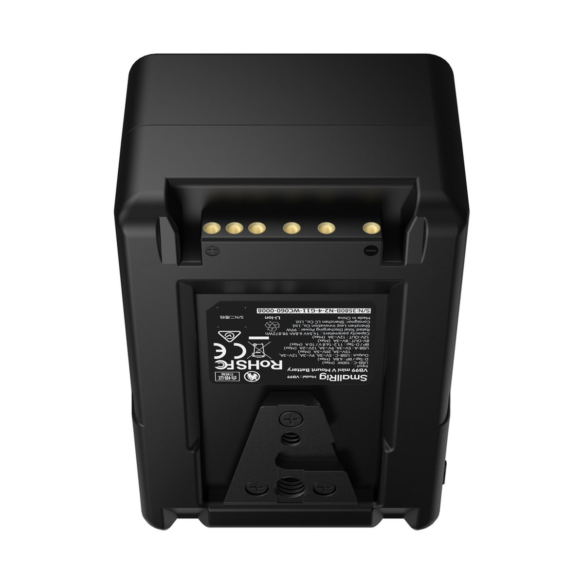 SmallRig 3580B VB99 mini V-Mount Akku - Rückansicht mit technischen Daten und Anschlüssen SmallRig 3580B VB99 mini V-Mount Akku - Rückansicht mit technischen Daten und Anschlüssen