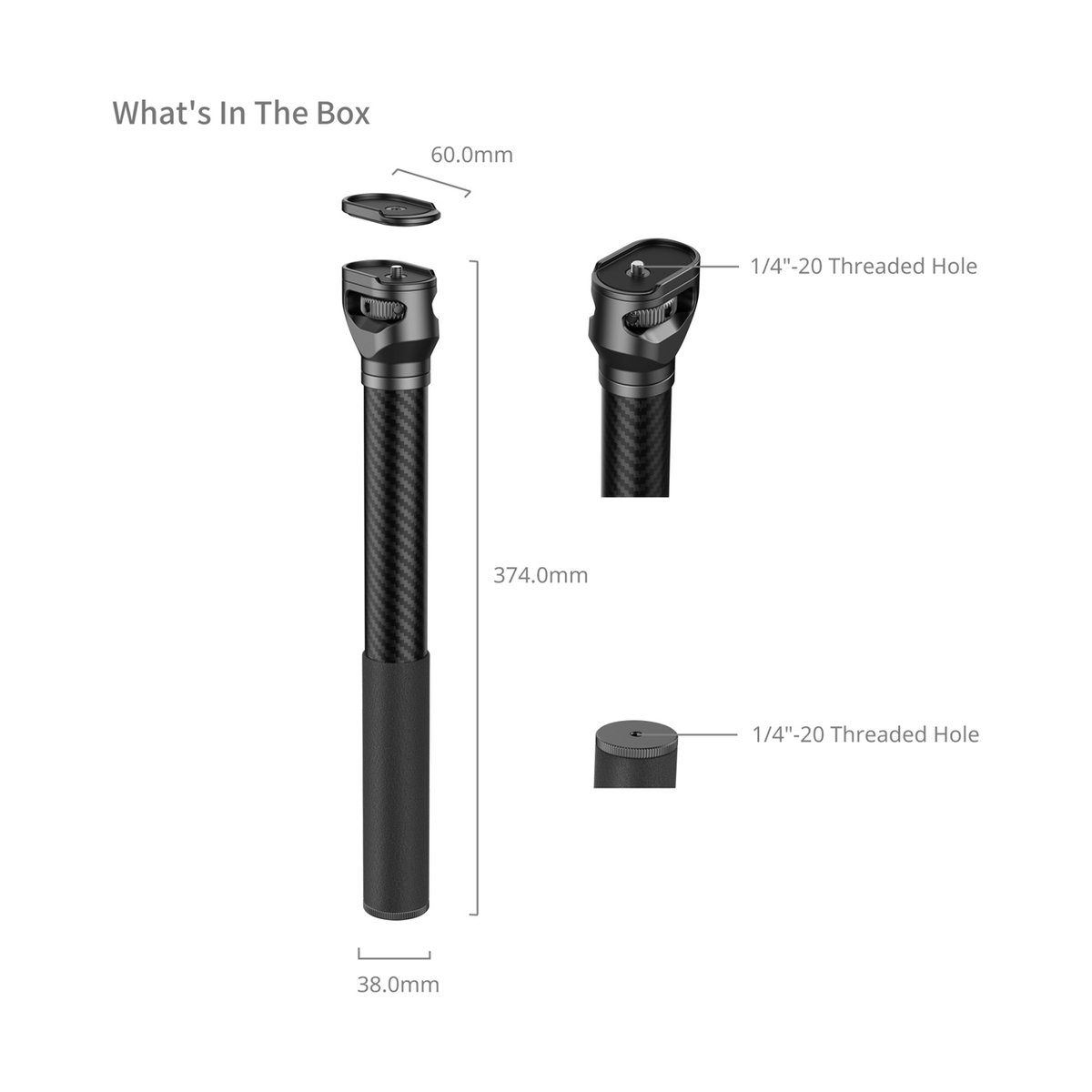 SmallRig 4378 Extension Arm für DJI Stabilizer - Lieferumfang: Verlängerungsstange mit Detailansichten der Gewindelöcher und Bemaßung.