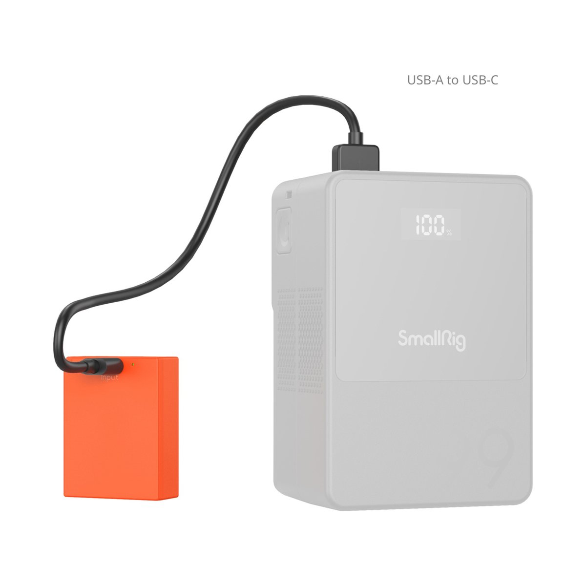 SmallRig 5088 NPW126S USB-C Rechargeable Camera Battery, Li-Ion Akku orange - Anwendungsbeispiel: SmallRig Powerbank und externes Gerät über USB-A auf USB-C Kabel verbunden.