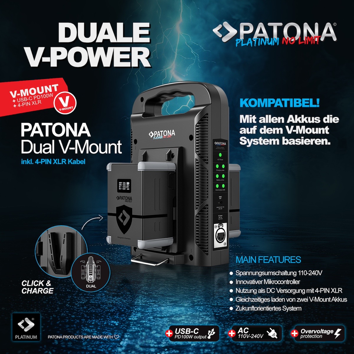 Patona Platinum 2-Kanal Ladegerät für V-Mount PD 100W Patona Platinum 2-Kanal Ladegerät für V-Mount PD 100W