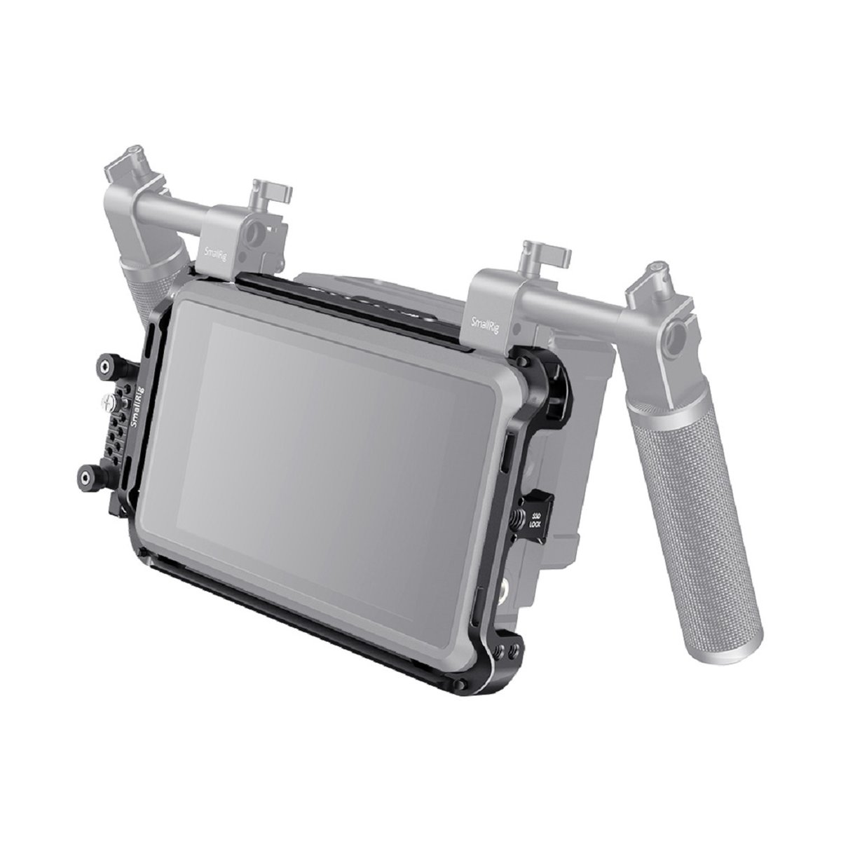 SmallRig 2409 Cage Kit und Sunhood für Atomos Shogun 7 - Schräge Frontansicht des Kamera-Monitor-Rigs mit montiertem Bildschirm und seitlichen Griffen.