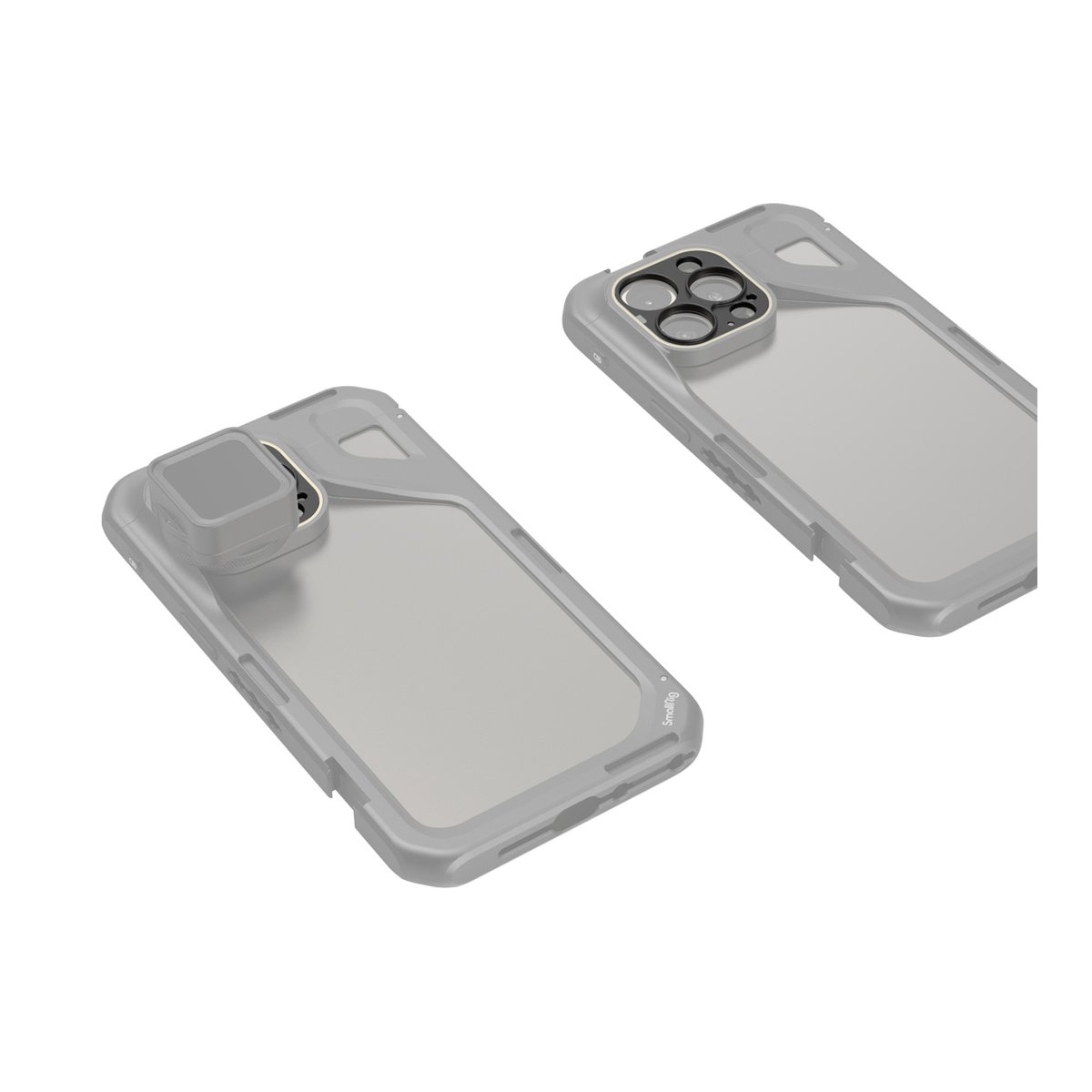 SmallRig 4394 Gewindelinse Rückenscheibe für iPhone 15 Pro Max/ 15 Pro Cage - Rückansicht zweier grauer Smartphone-Hüllen; eine mit, eine ohne externes Kameraobjektiv.