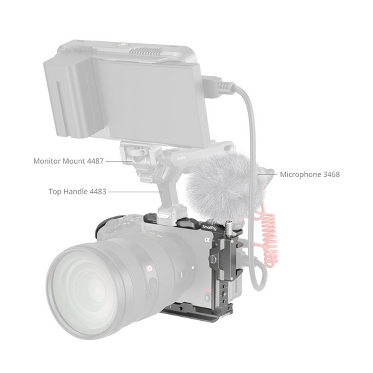 SmallRig 4770 HawkLock QR Cage Kit für Sony FX3 / FX30 - Anwendungsbeispiel: Kamerarig mit Monitor Mount 4487, Top Handle 4483 und Mikrofon 3468.