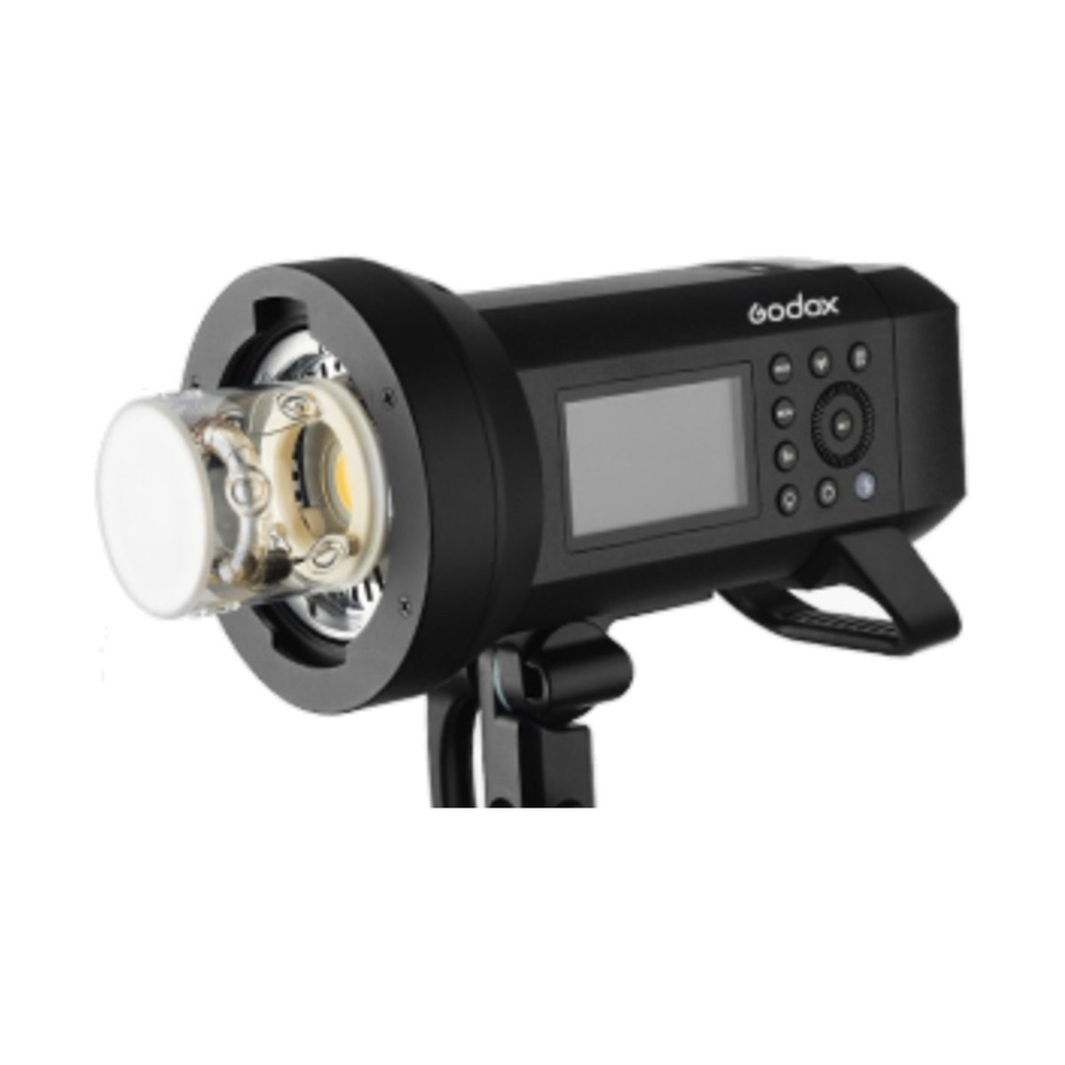 Godox Broncolor Halterung für AD400/300 PRO - Seitenansicht Godox Studioblitz mit Blitzröhre, Display und Bedienelementen