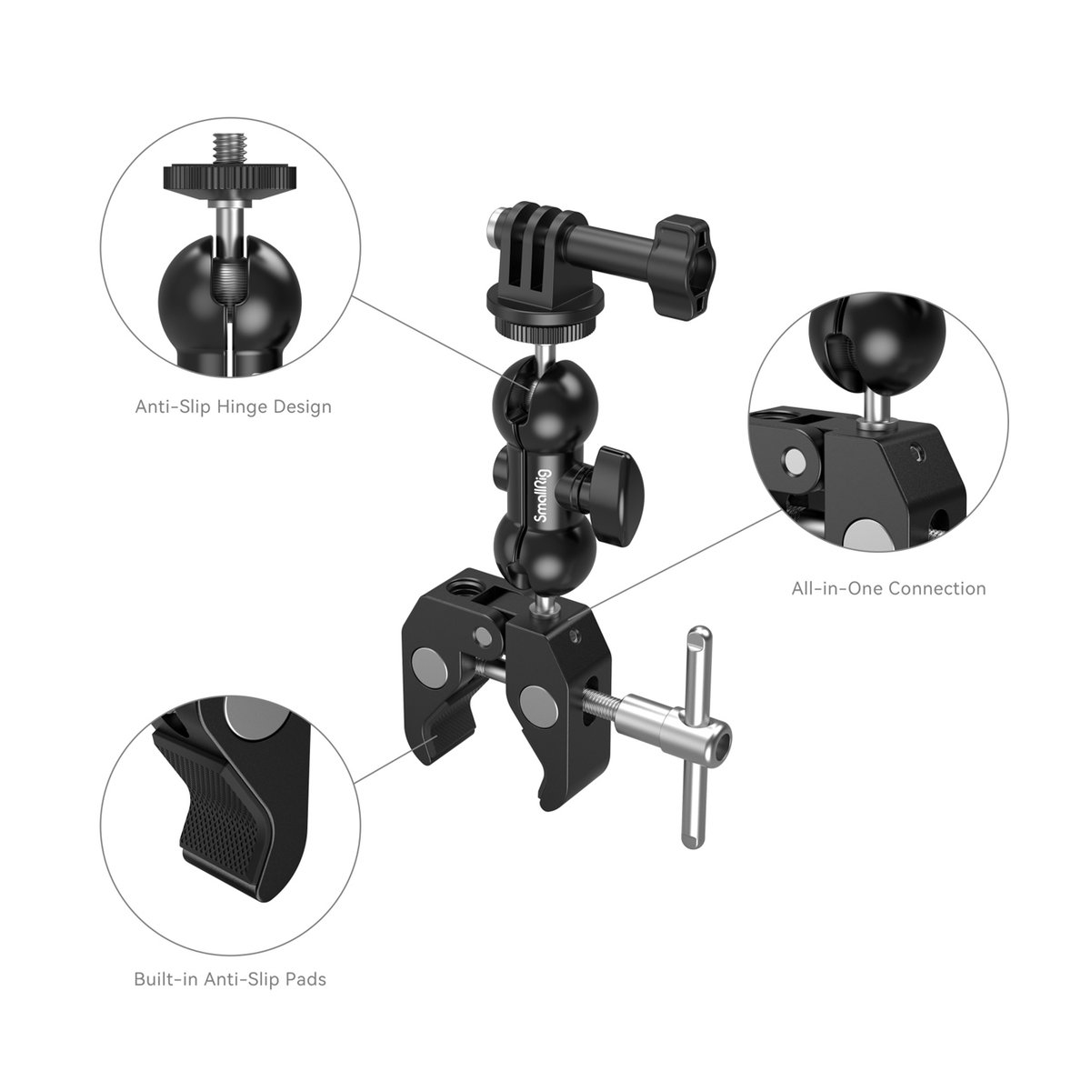 SmallRig 1138B Crab-Shaped Clamp Kit mit Ballhead Gelenkarm - Detailansicht des Produkts mit Anti-Rutsch-Gelenk, All-in-One-Anschluss und integrierten Anti-Rutsch-Pads.