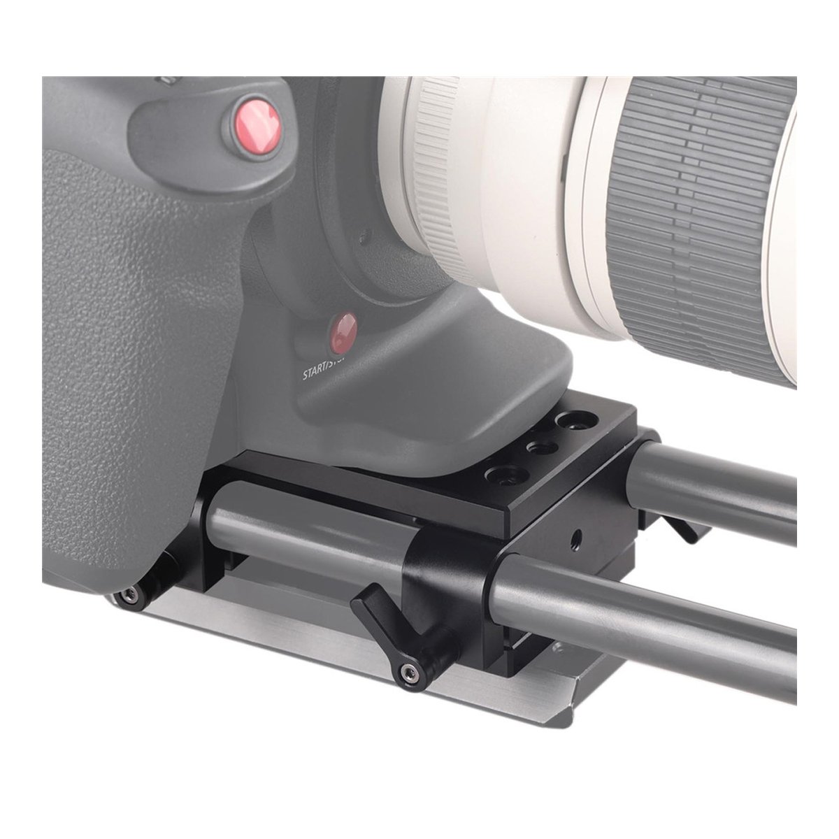 SmallRig 1798 Basisplatte m. 15mm Doppelklemme für schwere Kamera-Rigs - Detailansicht: Kamera auf Rod-System montiert SmallRig 1798 Basisplatte m. 15mm Doppelklemme für schwere Kamera-Rigs - Detailansicht: Kamera auf Rod-System montiert