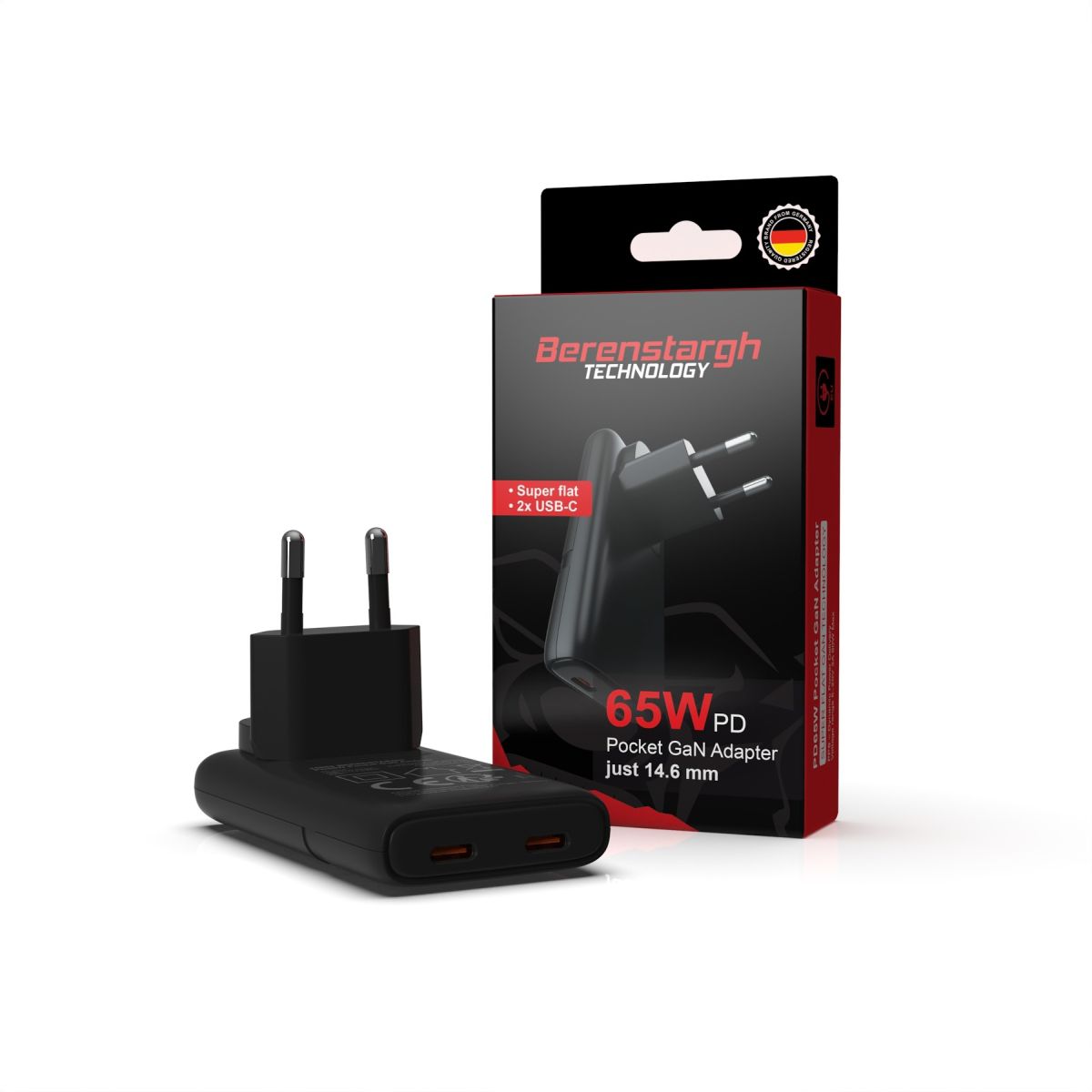 Berenstargh GaN PD65W Pocket Adapter Schwarz 2x USB-C PD3.0 QC3.0