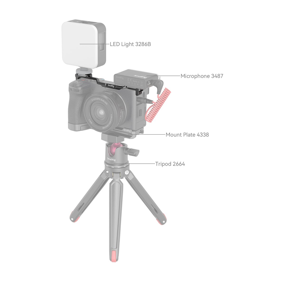 SmallRig 4339 Dual Cold Shoe Mount Plate für Sony Alpha 6700 - Komponentenübersicht des Kamera-Kits mit LED-Licht, Mikrofon, Montageplatte und Stativ. {image_position}. Bild.