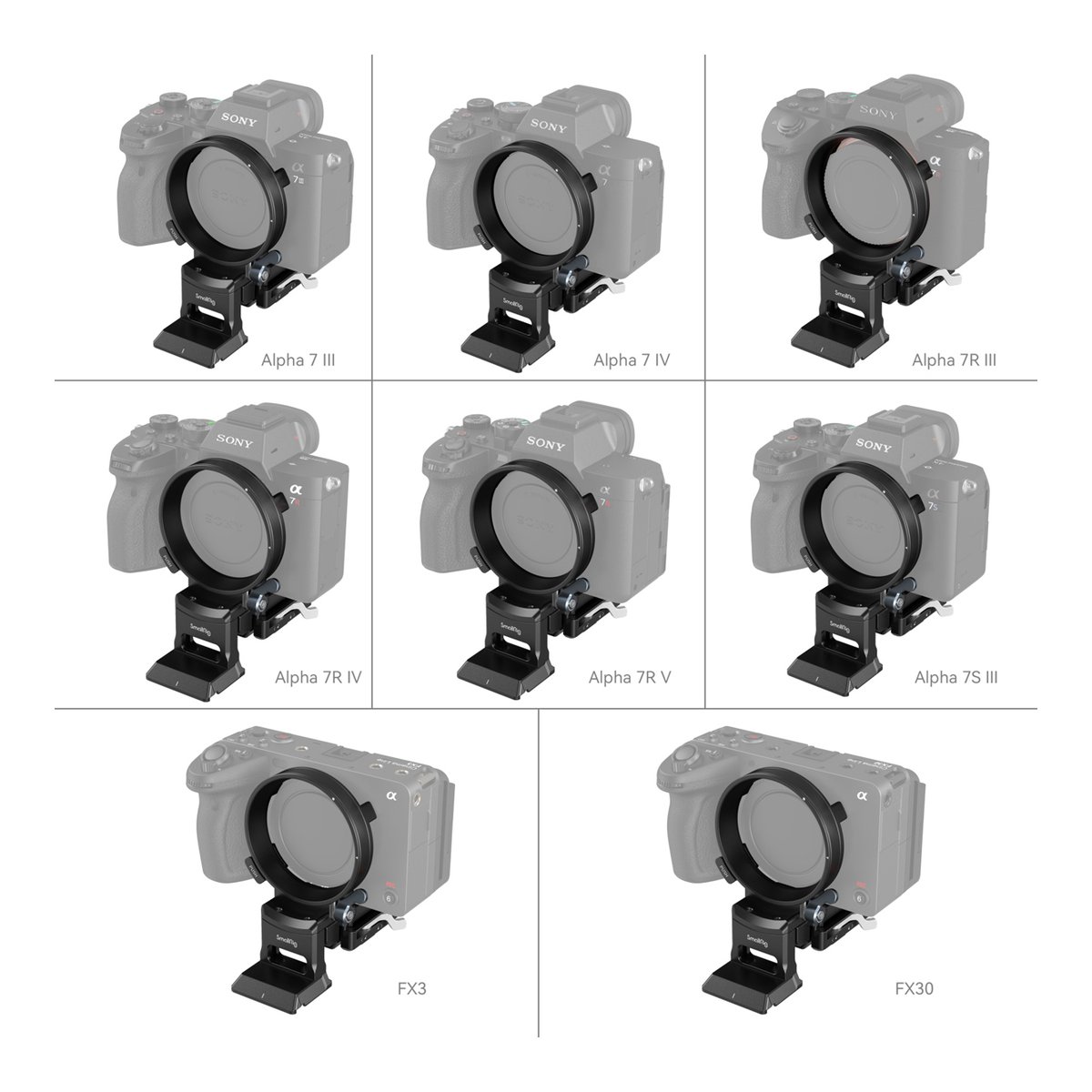 SmallRig 4244 Drehbares Horizontal- Vertikal-Montageplatten-Kit für Sony - Frontansicht: Filtersystem an verschiedenen Sony Alpha und FX Kameras