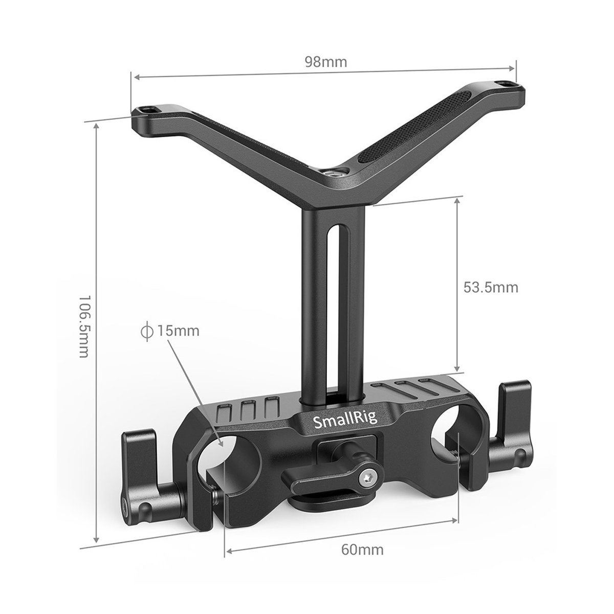 SmallRig 2681 LWS Universal Lens Support 15 mm - Maßzeichnung des SmallRig Top Handles mit 15mm Rod Clamp